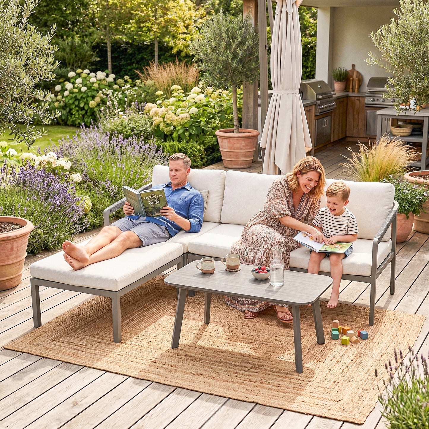 Outsunny 3 Piece Garden Dining Set, Outdoor Patio Furniture with 3 Seater Sofa, Footstool, Coffee Table and Cuhsions