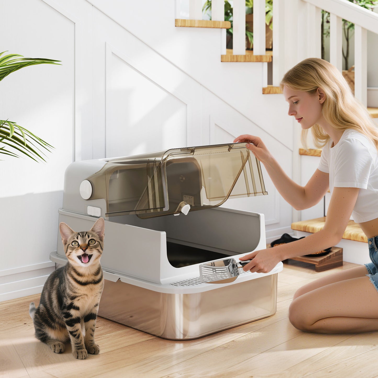 PawHut XXL Stainless Steel Cat Litter Tray, Enclosed Cat Litter Box with 90° Flip Cover, Double Doors, Scoop, Easy Clean, Grey