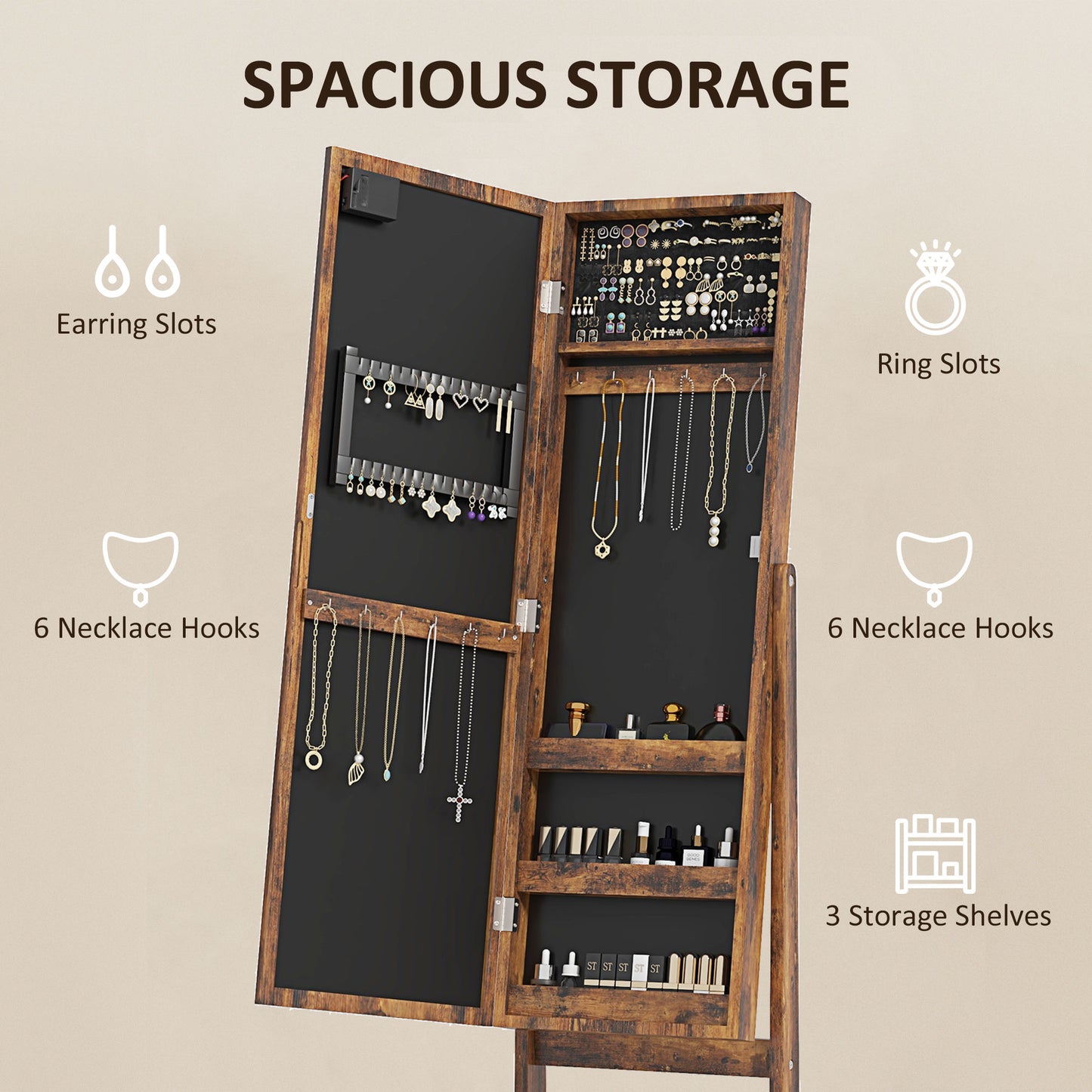 HOMCOM Freestanding Mirror Jewelry Cabinet with LED Lights, Adjustable Organizer for Earrings, Necklaces, Rings, and Lipsticks, Rustic Brown
