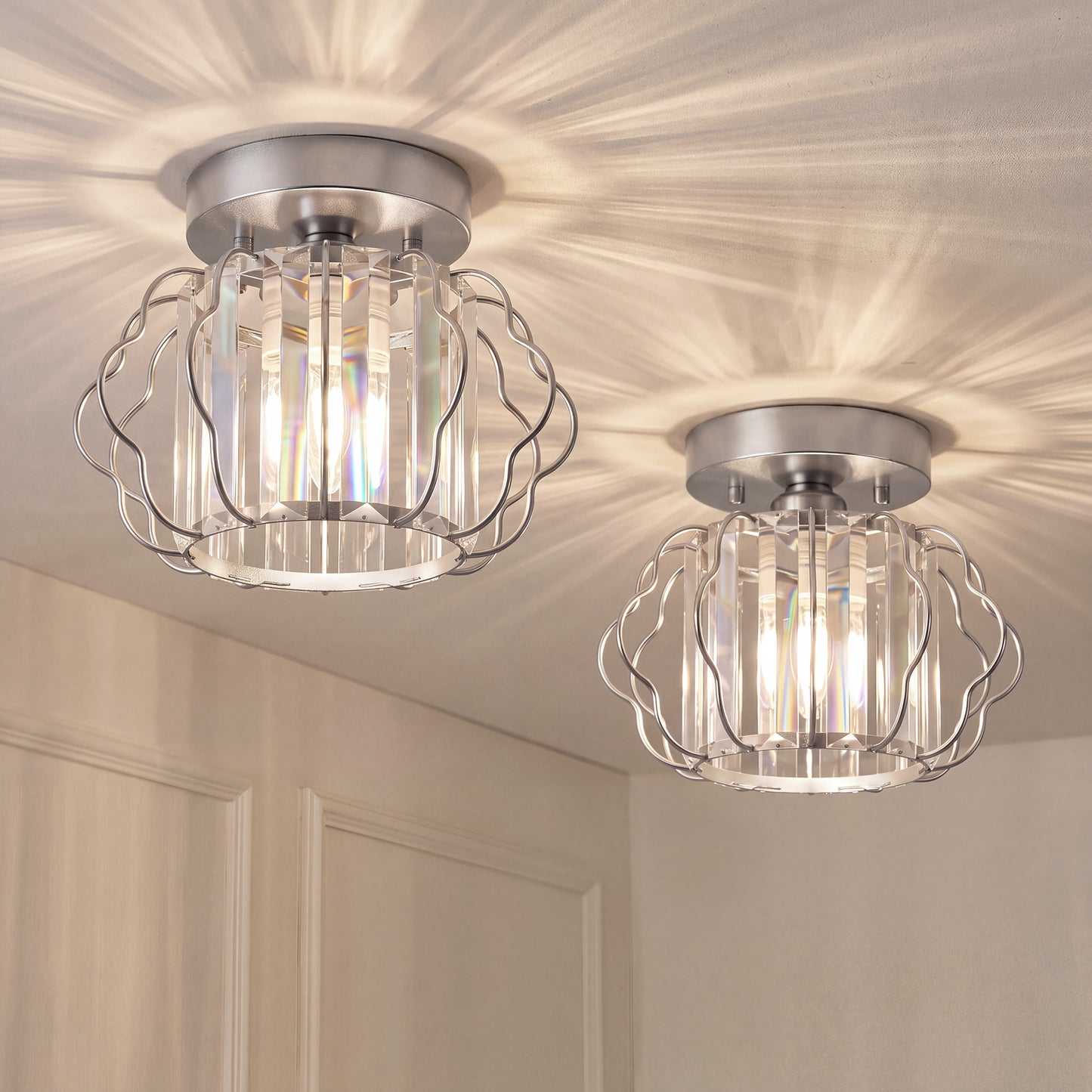 HOMCOM Crystal Ceiling Light Fixtures, Modern Semi-Flush Ceiling Lighting with Crystal Strips, 2 Pack, Silver Tone