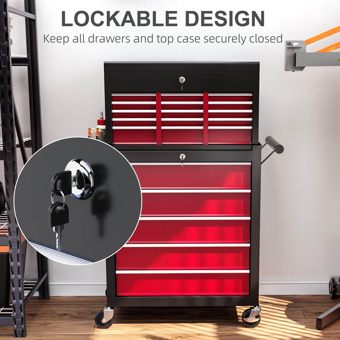 HOMCOM Rolling Tool Cabinet on Wheels with 14 Drawers, Pegboard and Side Rack, Lockable Top Tool Chest and Roller Cabinet Combo for Workshop and Home, Red