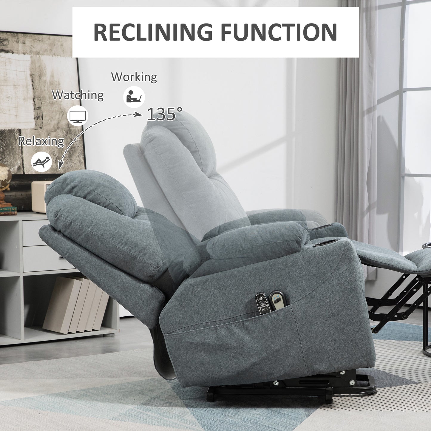 HOMCOM Lift Chair Quick Assembly Riser and Recliner Chair with Vibration Massage Heat Cup Holders Charcoal Grey