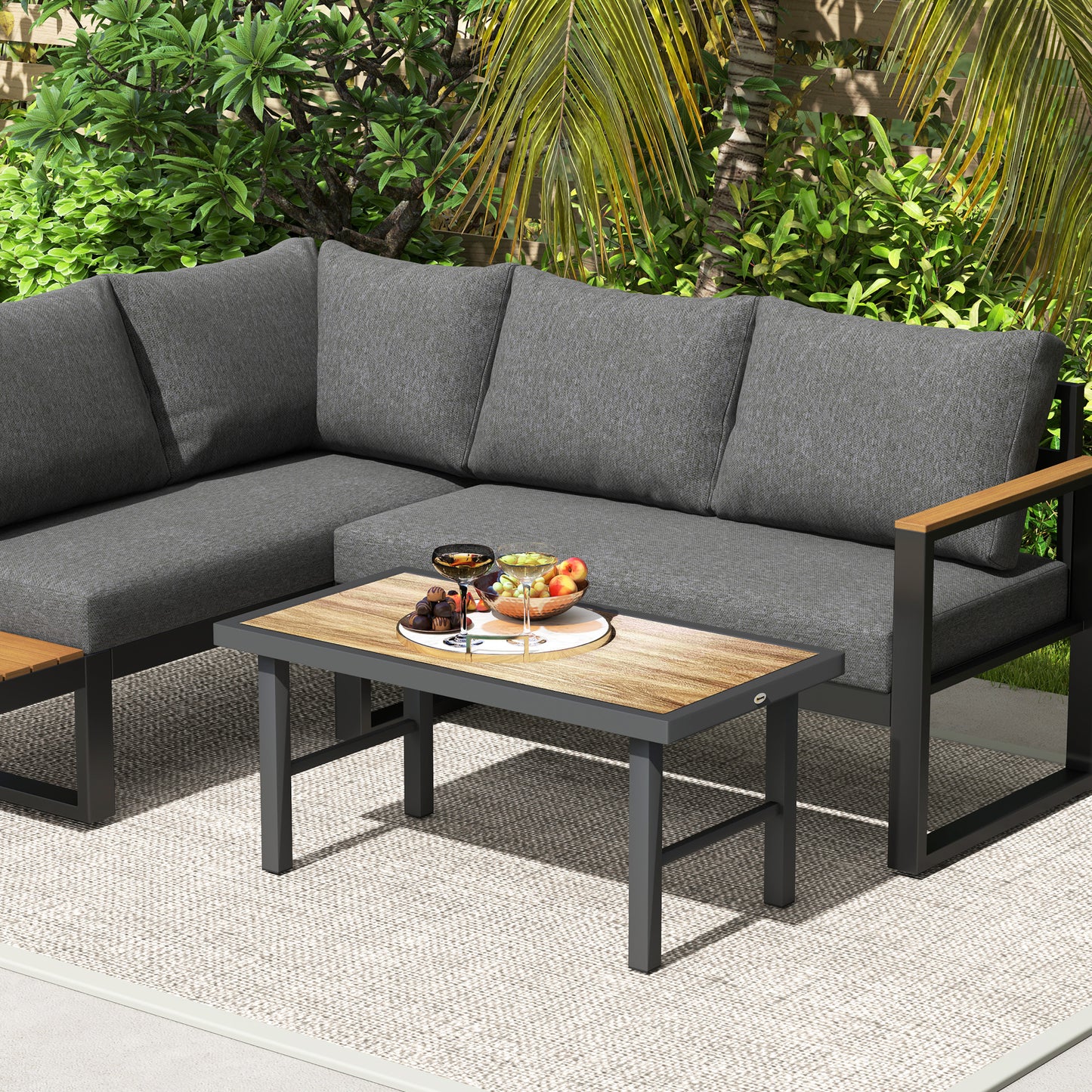 Outsunny Metal Garden Coffee Table, Outdoor Side Table with SPC Woodgrain Tabletop, 100 x 53 x 46cm, Brown Wood Effect