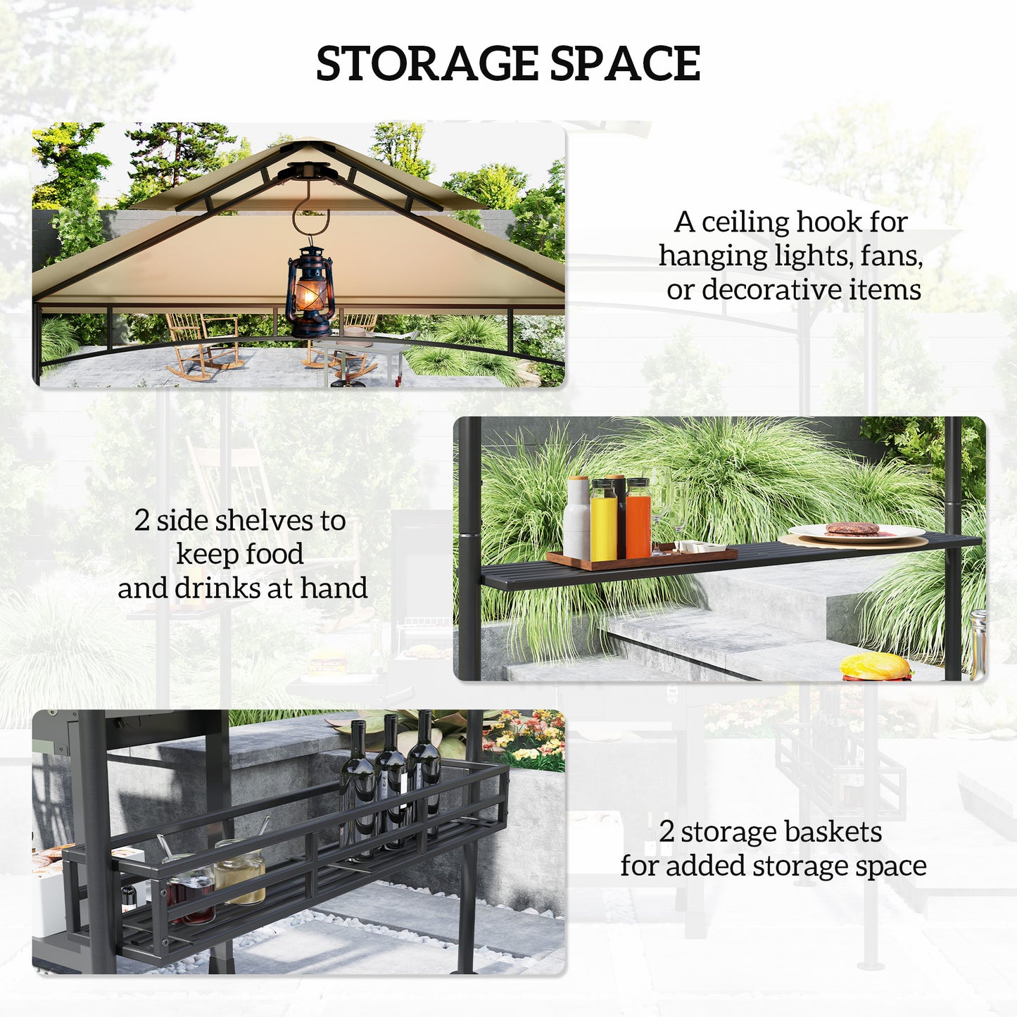 Outsunny 8' x 5' Grill Gazebo, Double Tier Canopy with Side Shelves, Baskets, Hook for Garden/Patio, Beige