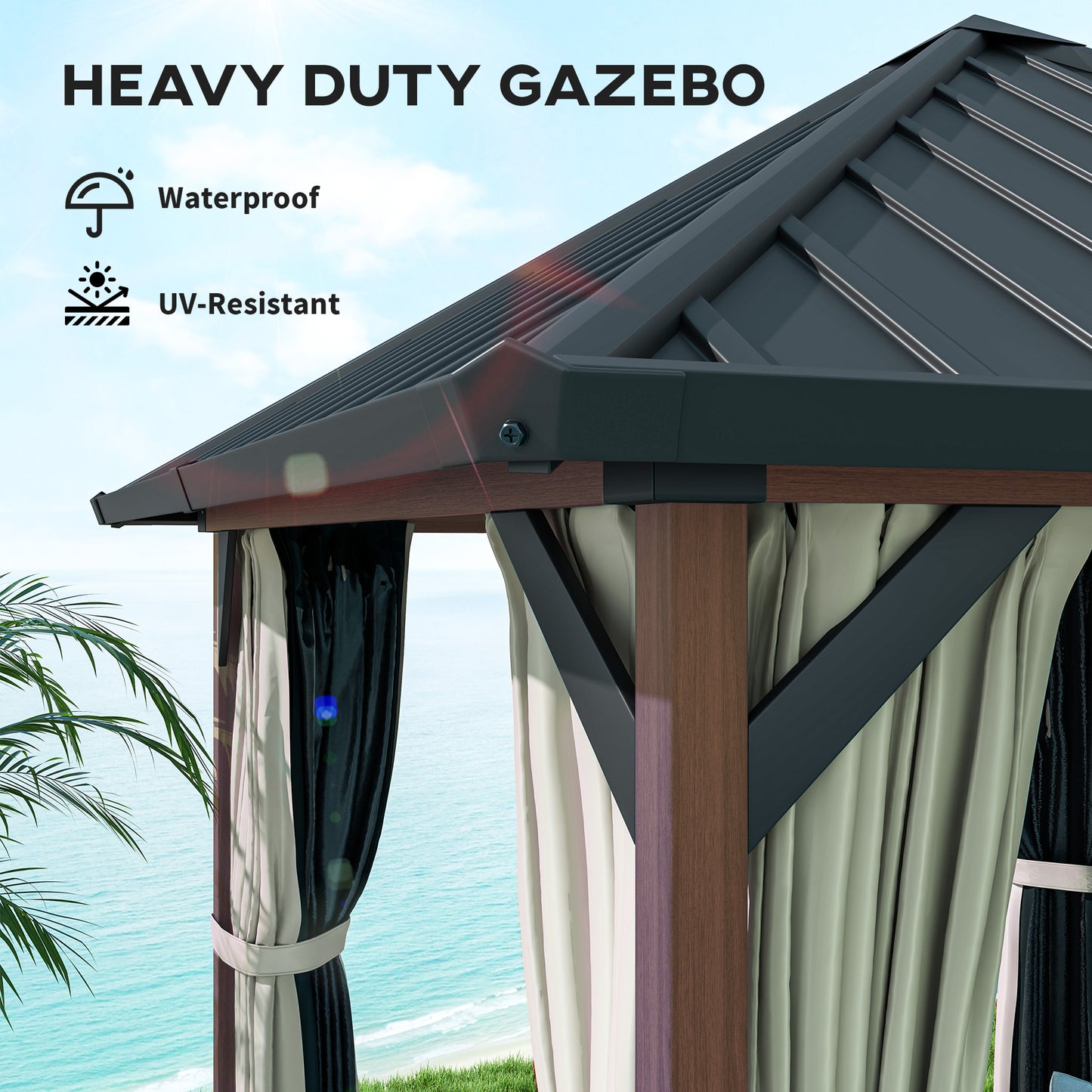 Outsunny 3x3m Hardtop Gazebo, Galvanised Steel Roof, Waterproof, Netting & Curtains, Walnut Finish