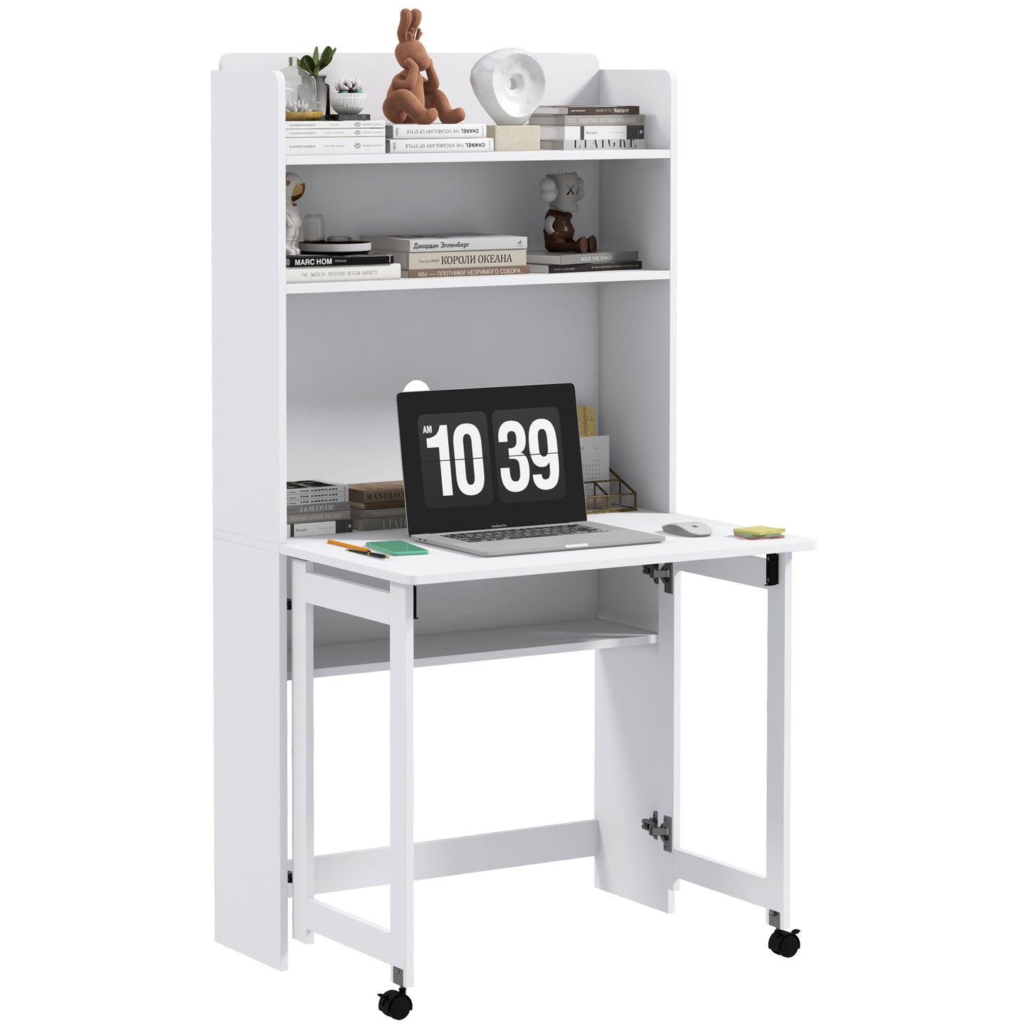 HOMCOM Computer desk with storage shelves, foldable top, 2 casters for bedroom & living room 80 x 69 x 155 cm white