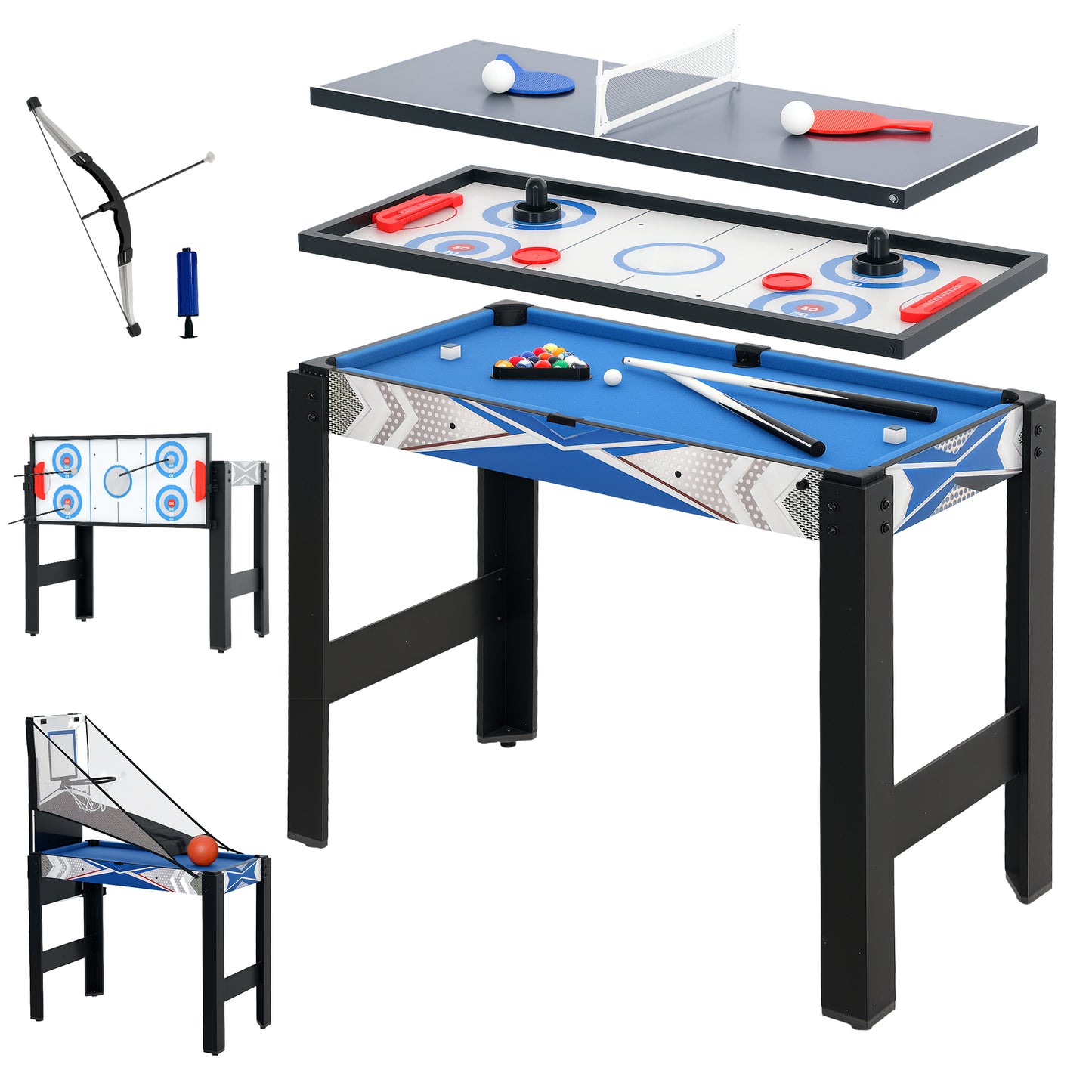 SPORTNOW 5 in 1 Combo Games Table for Kids: Mini Pool, Table Tennis, Hockey, Basketball & Bow and Arrow