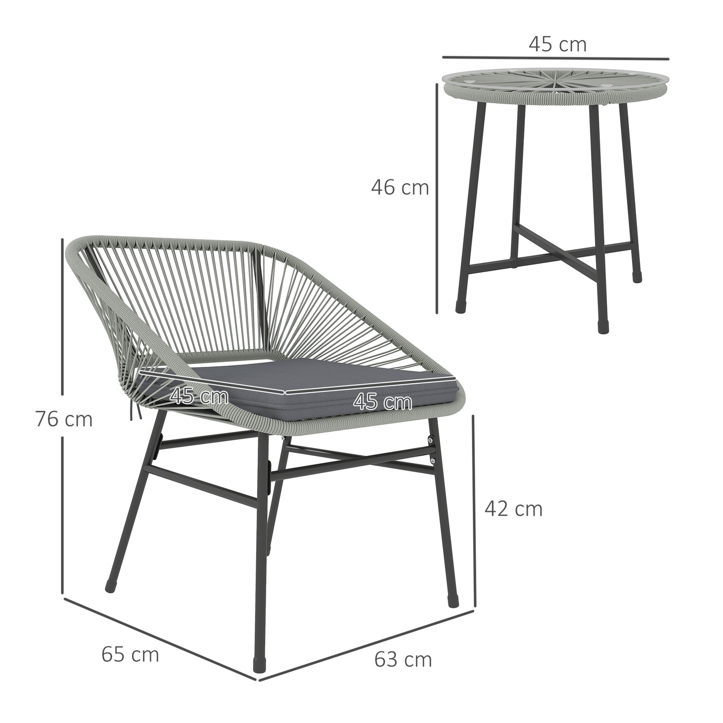Outsunny 3-Piece Rattan Bistro Set, Garden Table & Chairs with Cushions, Glass Top, Light Grey