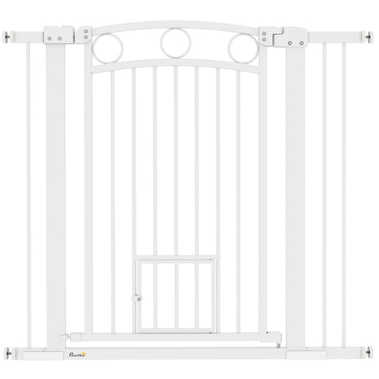 PawHut 96cm Tall Dog Gate with Cat Door, 7cm and 14cm Extensions, for Stairs & Doorways, 76-104cm Width