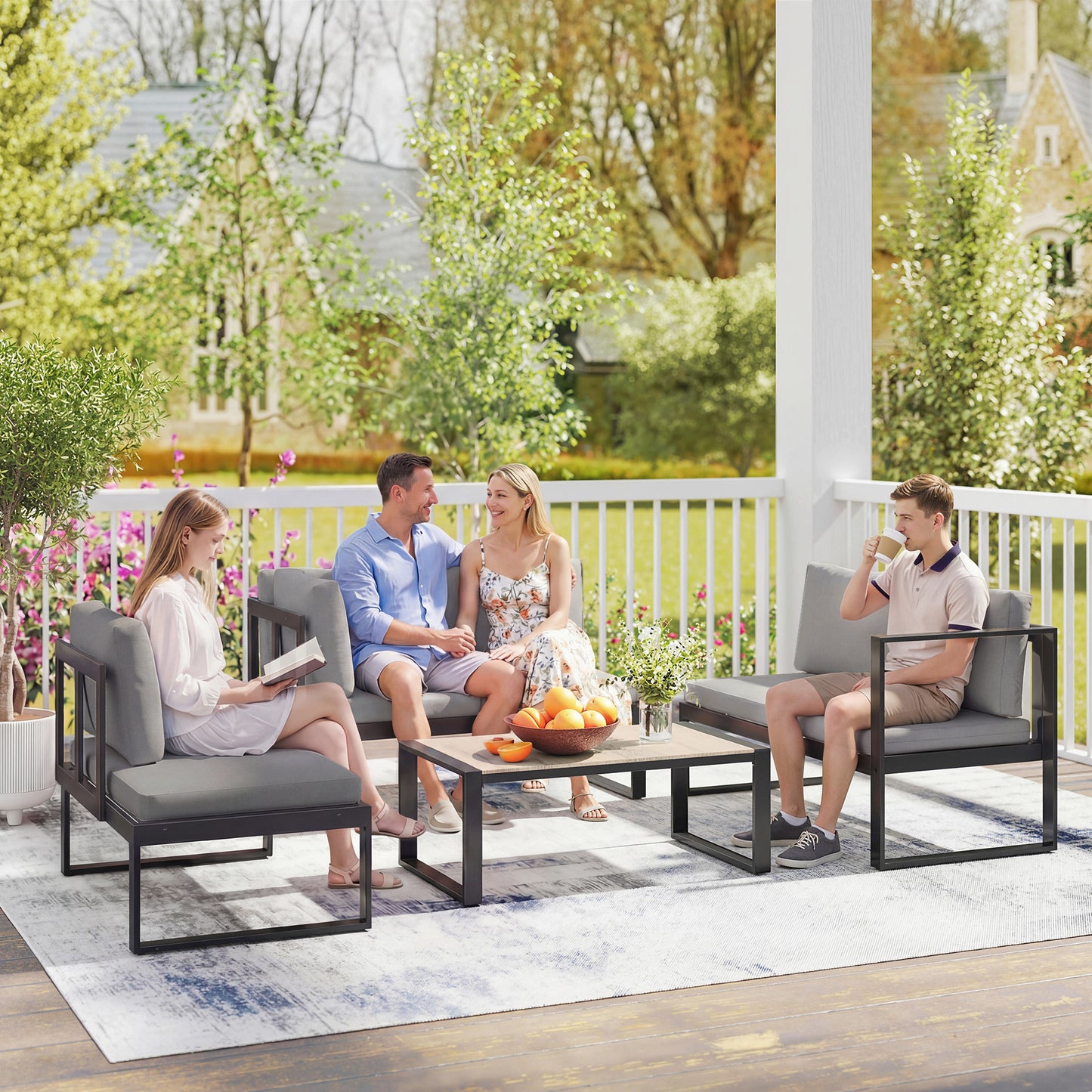 Outsunny 4 Piece Garden Furniture Set, Garden Sofa Set with 2 Loveseats, Armless Chair, Coffee Table for Balcony, Dark Grey