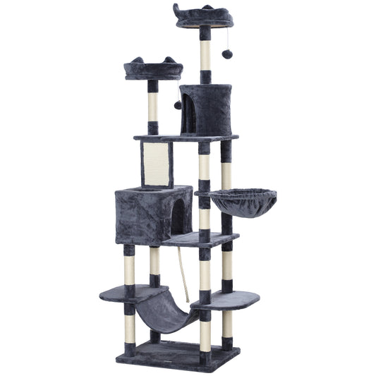 PawHut 206cm Cat Tree, Multi-Level Cat Tower with Scratching Posts and Board, Beds, Condos, Platforms, Toy Balls, Dark Grey