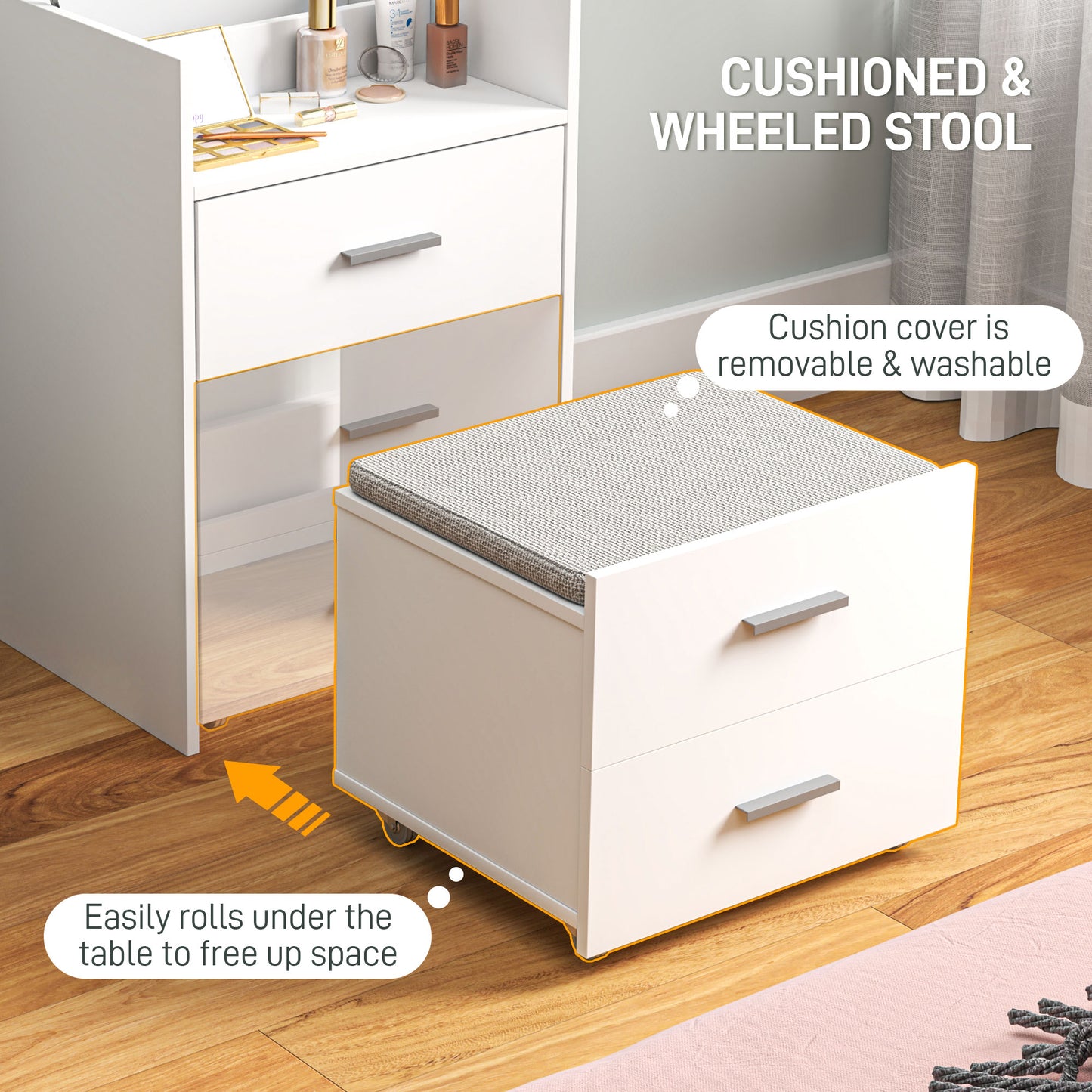 HOMCOM Vanity Desk with Mirror, Modern Dressing Table and Stool w/2 Drawers, Wheels, Flip-Up Mirror, Shelf, White