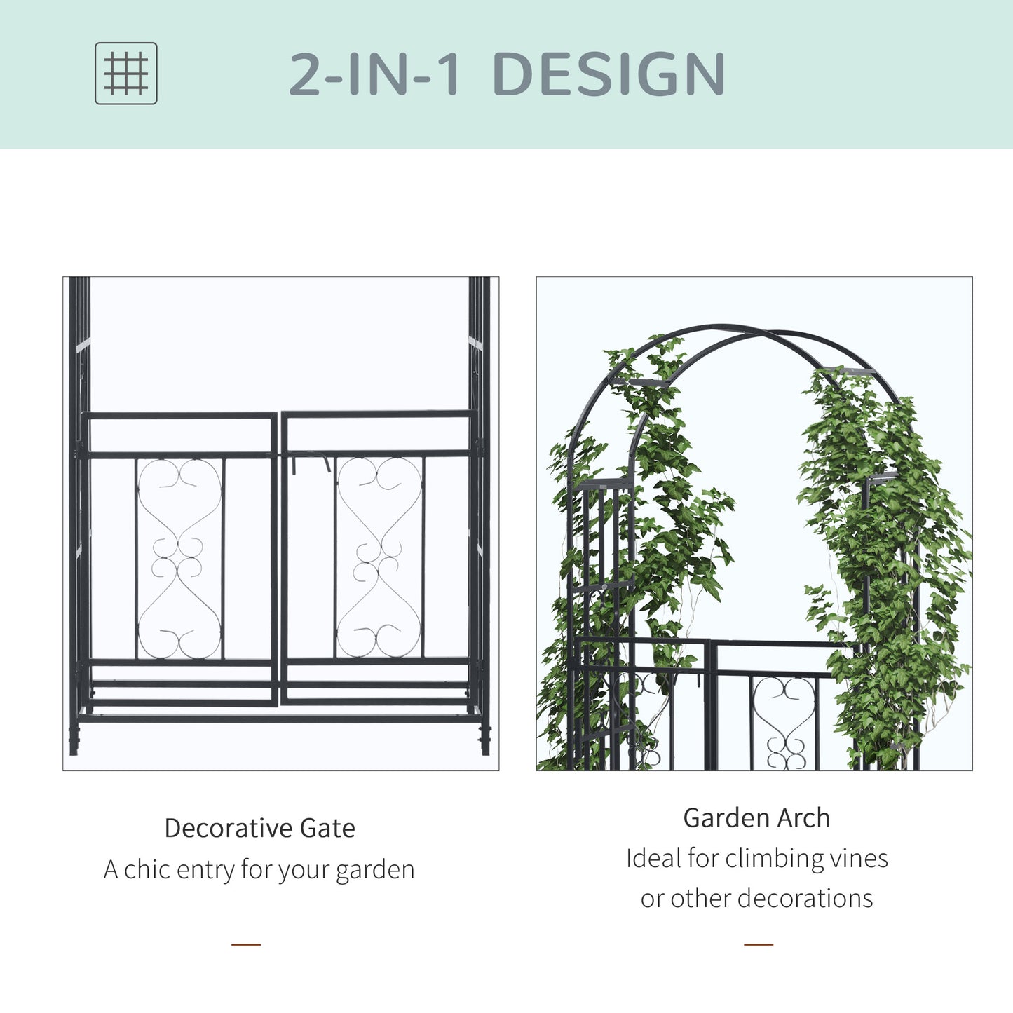 Outsunny Metal Garden Arch with Double Gates, Arbor for Climbing Plants & Vines, Wedding Arch, 114L x 50W x 206H cm, Dark Grey