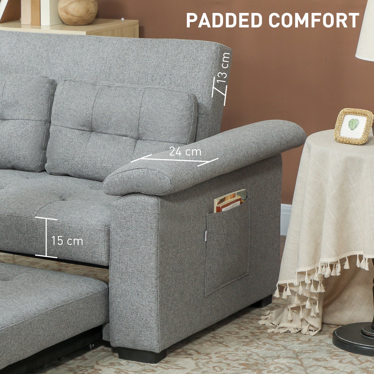 HOMCOM Pull Out Sofa Bed, 2 Seater Click Clack Sofa, Convertible Couch with Pillows & Side Pockets for Living Room, Light Grey