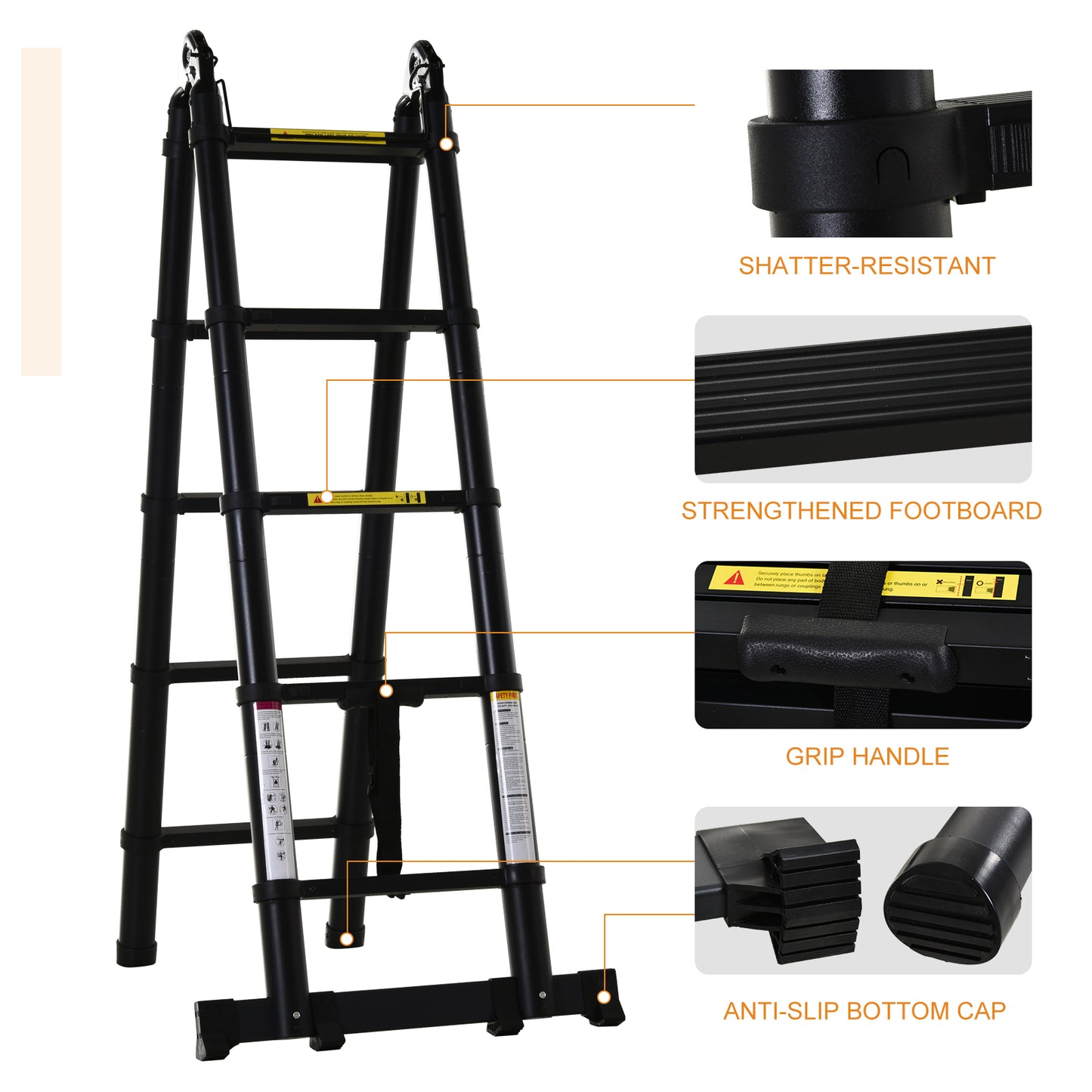 DURHAND 3.2m Telescopic Ladder with Anti-slip Pedals Black