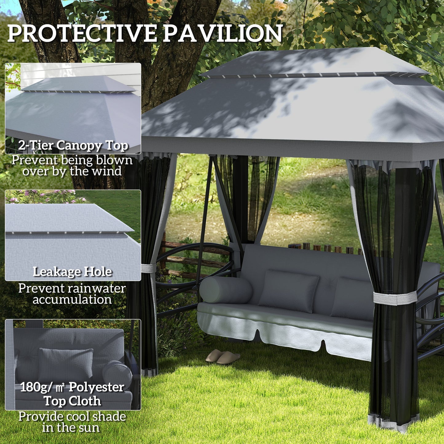 Outsunny 3 Seater Swing Chair Hammock Gazebo Lounger Cushioned Seat Waterproof Grey