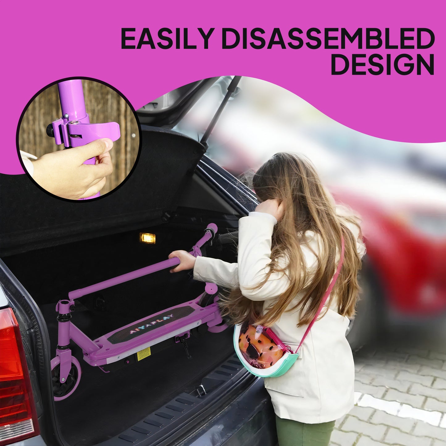 AIYAPLAY Electric Scooter for Kids Ages 6-14, with Colourful Light and Electric Brake, Kids Electric Scooter E Scooter, Up to 10 KM/H & 8 KM, Purple