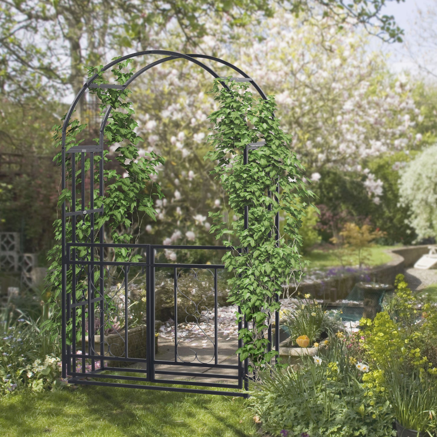 Outsunny Metal Garden Arch with Double Gates, Arbor for Climbing Plants & Vines, Wedding Arch, 114L x 50W x 206H cm, Dark Grey