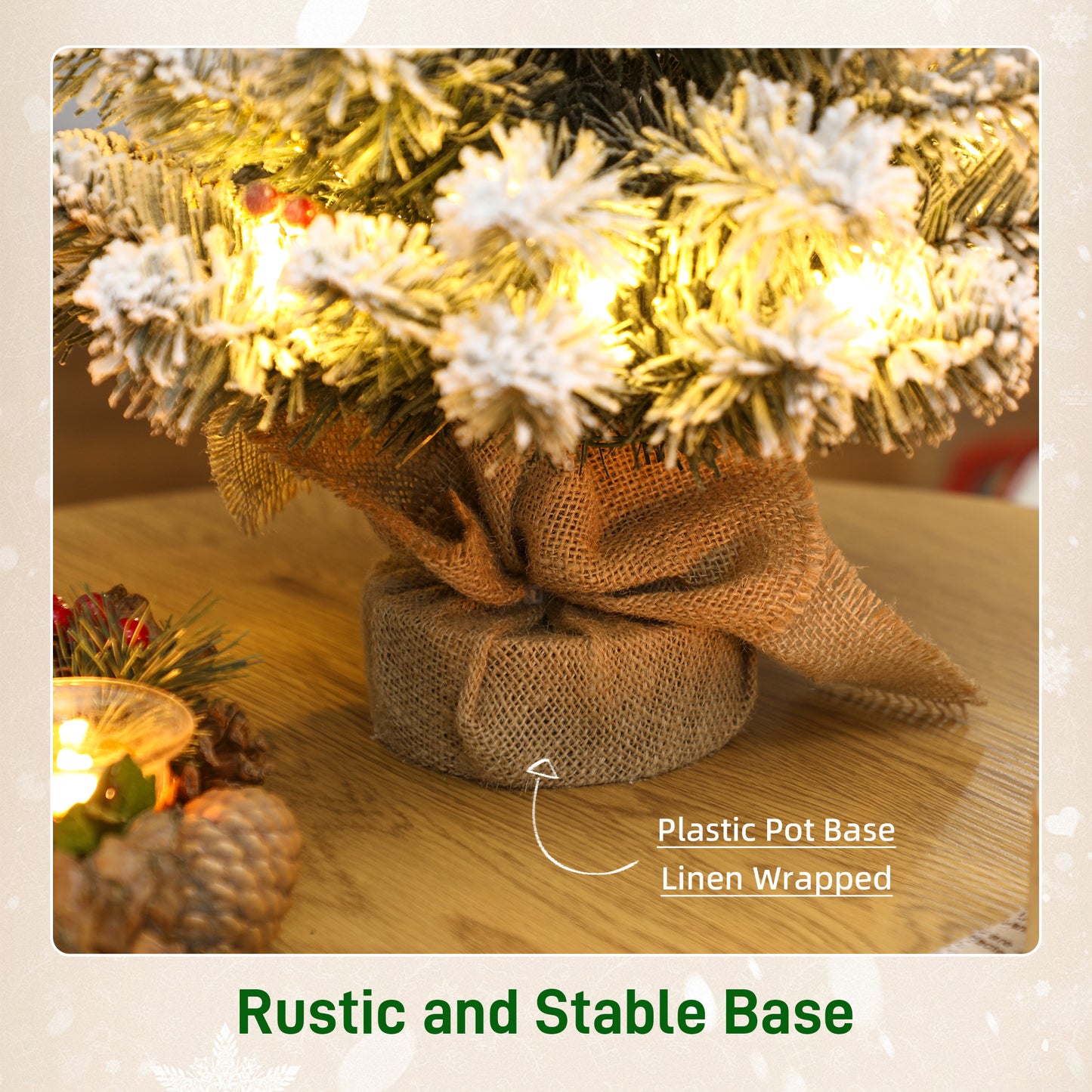 HOMCOM 60cm Prelit Christmas Tree with 35 LED Lights, Snow Flocked, 72 Branches, Pine Cones, Berry Clusters, Linen Base, Battery Operated, Green