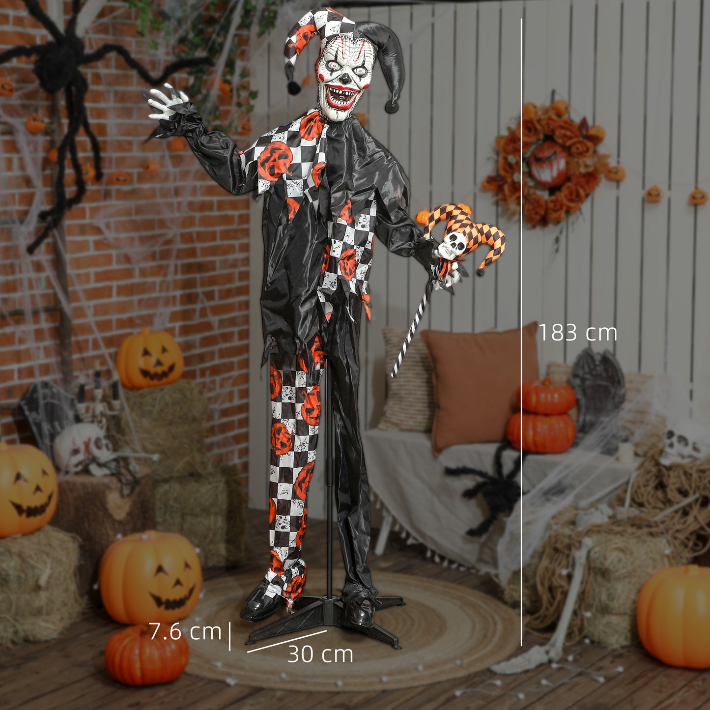 Outsunny Life Size Animated Clown & Skull Staff, Red Light Eyes, Sound-Activated Moving Arms & Head, Halloween Decor, Battery Operated, 183 cm, Red.