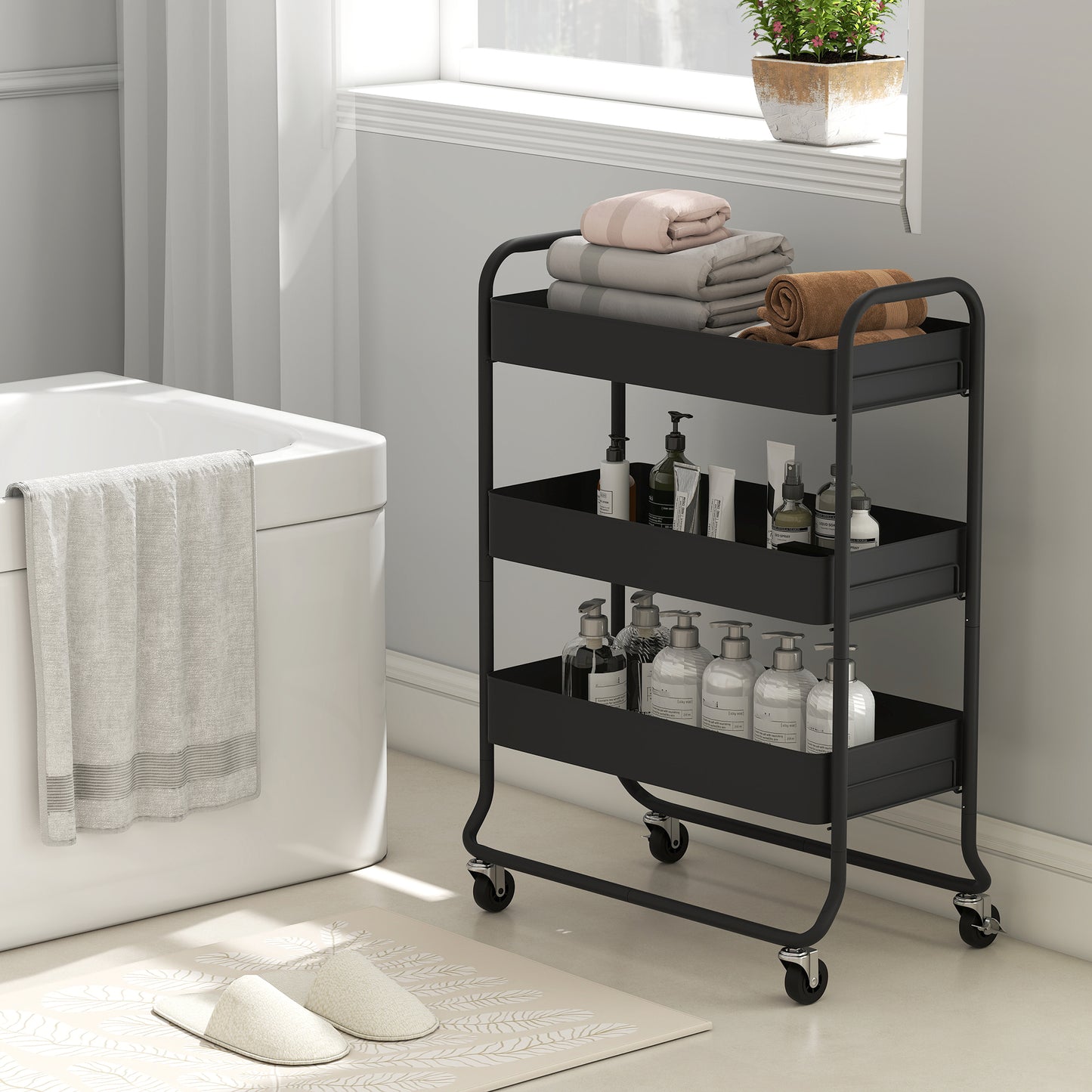 HOMCOM 3-Tier Storage Trolley on Wheels, Rolling Utility Cart with Mesh Backets for Kitchen, Bathroom, Bedroom, Black