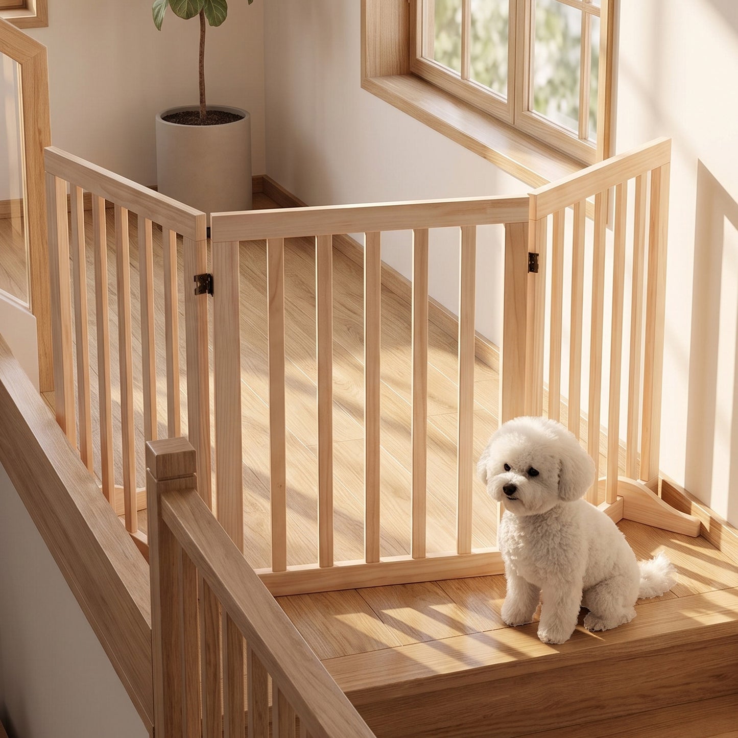 PawHut Wooden Dog Gate, 3-Panel Freestanding Pet Gates Indoor with 2 Support Feet and 360° Flexible Hinges, Natural