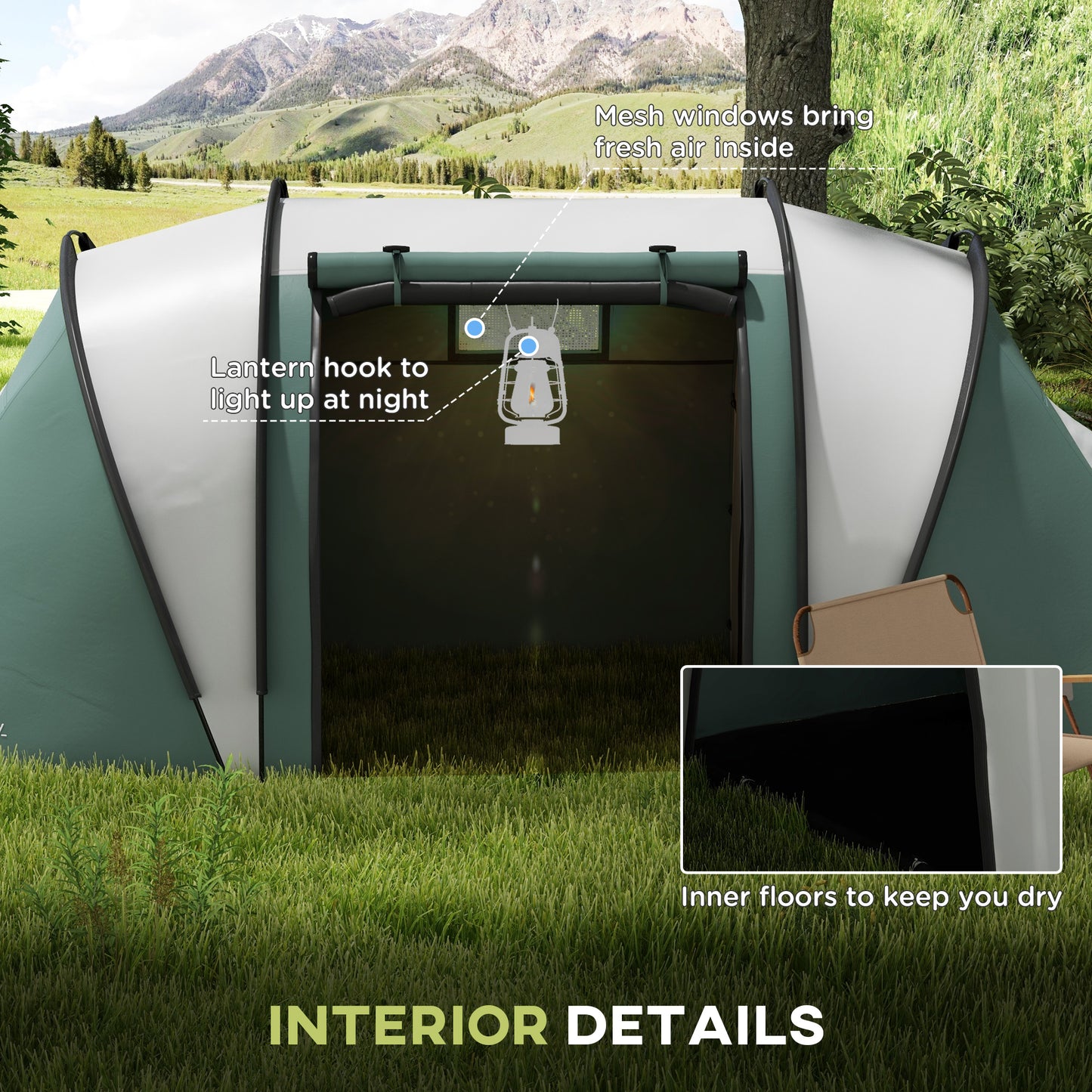 Outsunny Camping Tent with 2 Bedrooms and Living Area 3000mm Waterproof Family Tent for Fishing Hiking Festival Dark Green