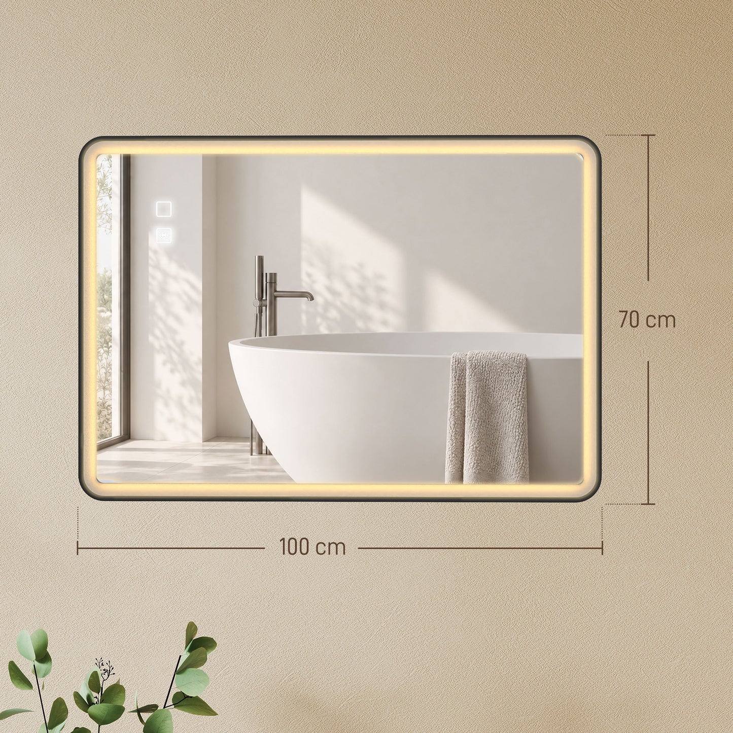 HOMCOM Bathroom Mirror with LED Lights, 100x70cm Rectangle Bathroom Mirror, Dimmable, Bluetooth, Anti-Fog, Black