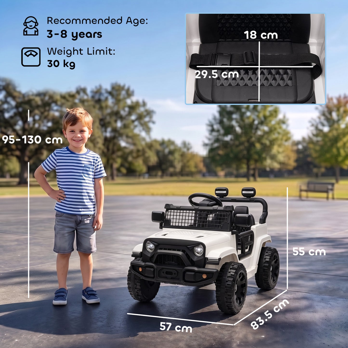 AIYAPLAY 12V Electric Car for Kids with Remote, Dual Motors, Rear Suspension, Soft Start, Music, Lights for 3-8 Years, White