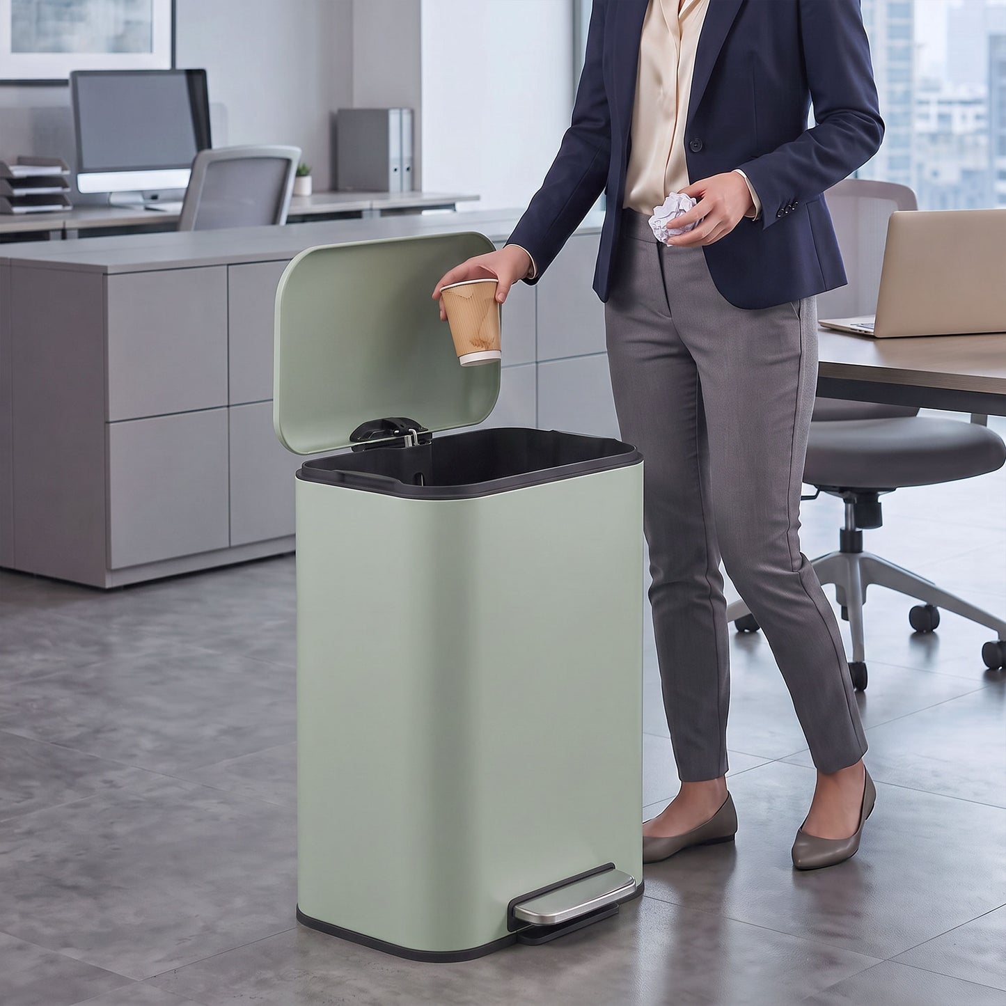 HOMCOM 50 L Kitchen Pedal Bin, Metal Rubbish Bin with Removable Inner Bucket, Soft-Close & Stay-Open Lid, Light Green