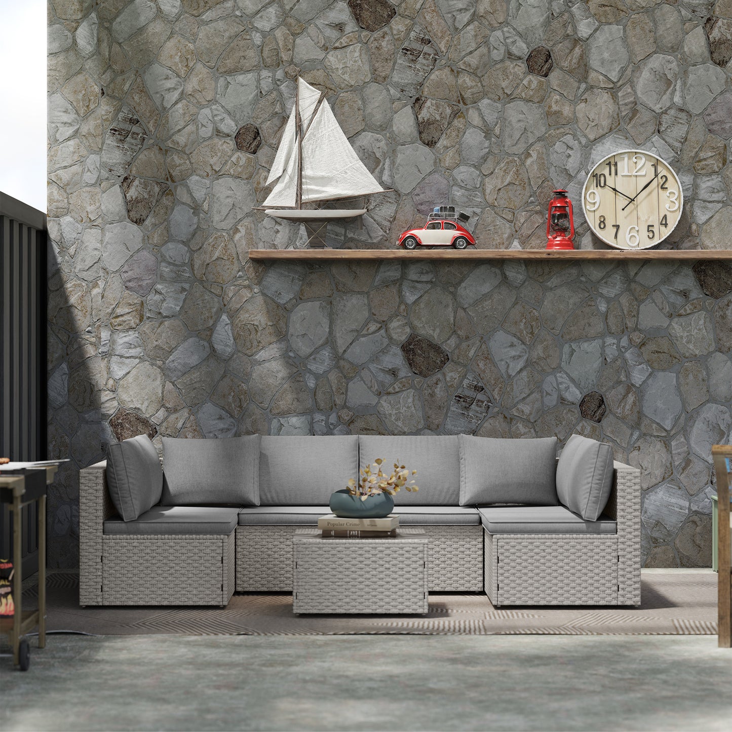 Outsunny 7-Piece Rattan Garden Furniture Set, 6-Seater Corner Sofa with Cushions, Glass Table, Outdoor Conservatory Set, Grey