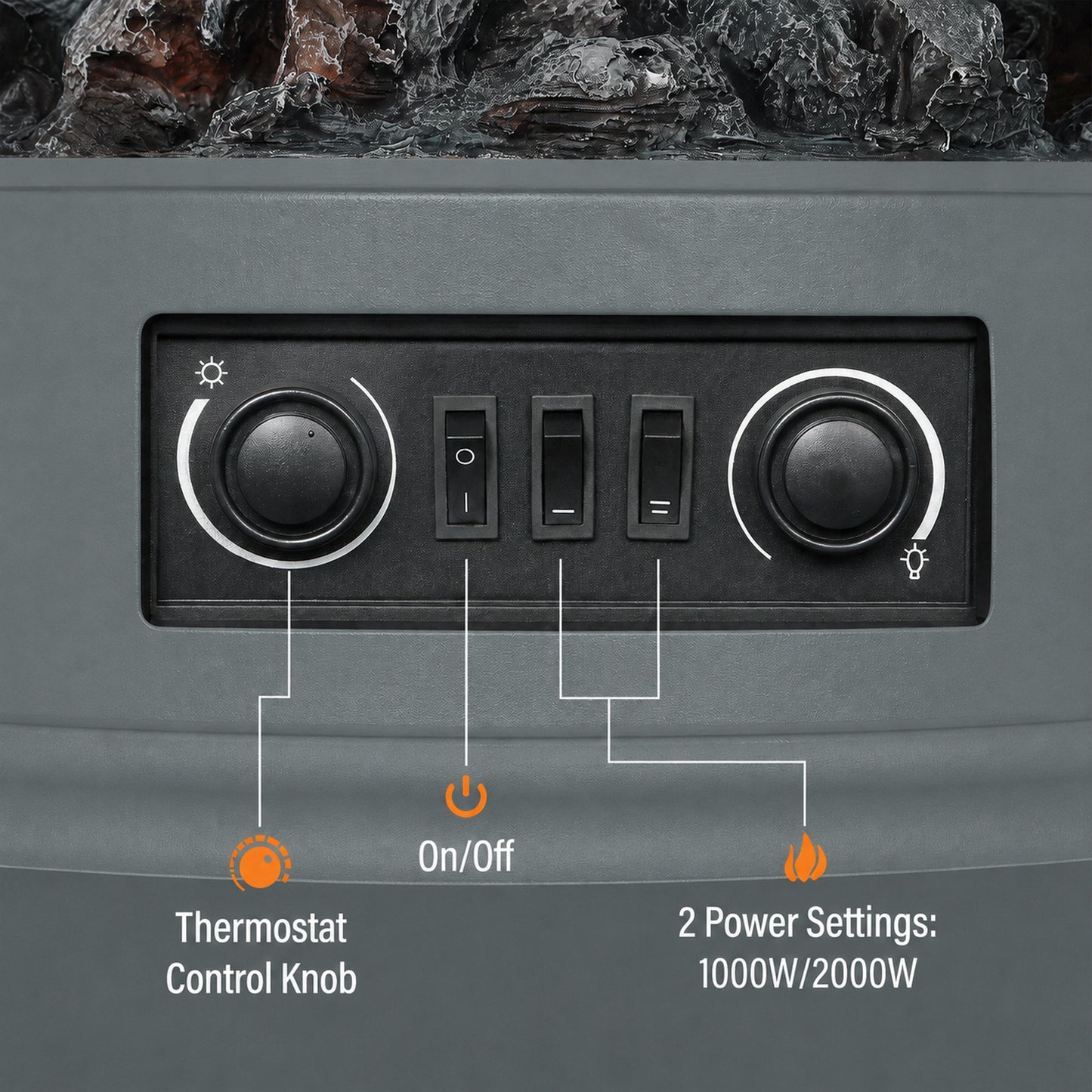 HOMCOM Electric Fireplace Stove, 1000W/2000W, Electric Fire Heater with LED Flame Effect, Adjustable Thermostat, Grey