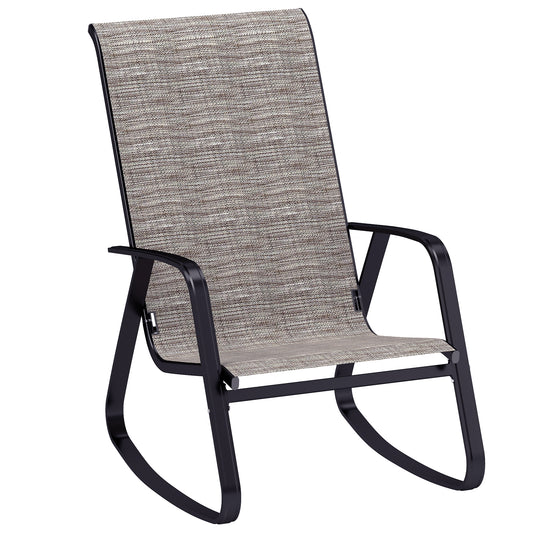 Outsunny Garden Rocking Chair, Ergonomic Steel Frame with Armrests & High Backrest for Patio, Balcony, Porch, Light Brown