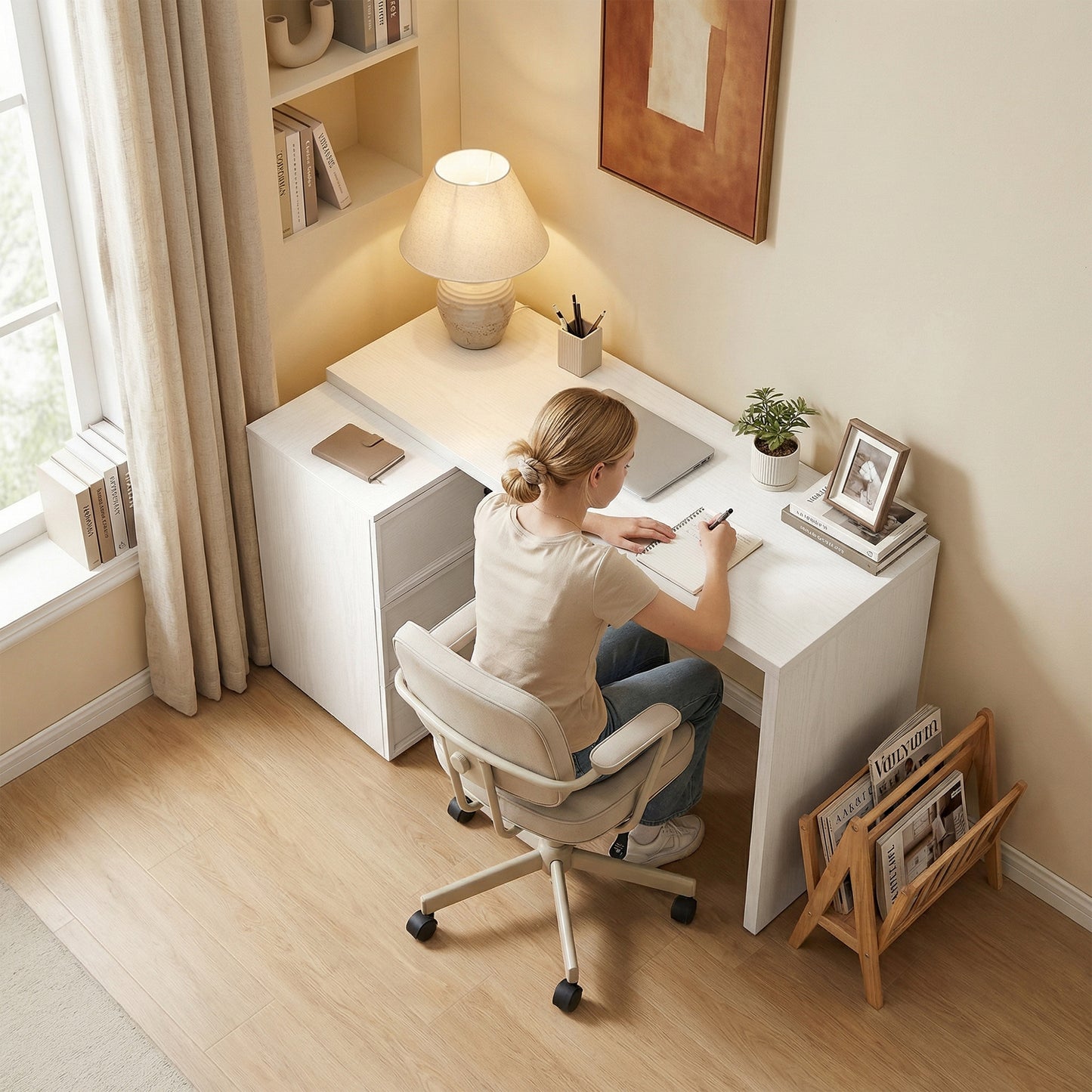 HOMCOM L Shaped Computer Desk with 3 Drawers, 163 x 39 cm Corner Desk, Thick Tabletop, Office Table, White Wood Effect