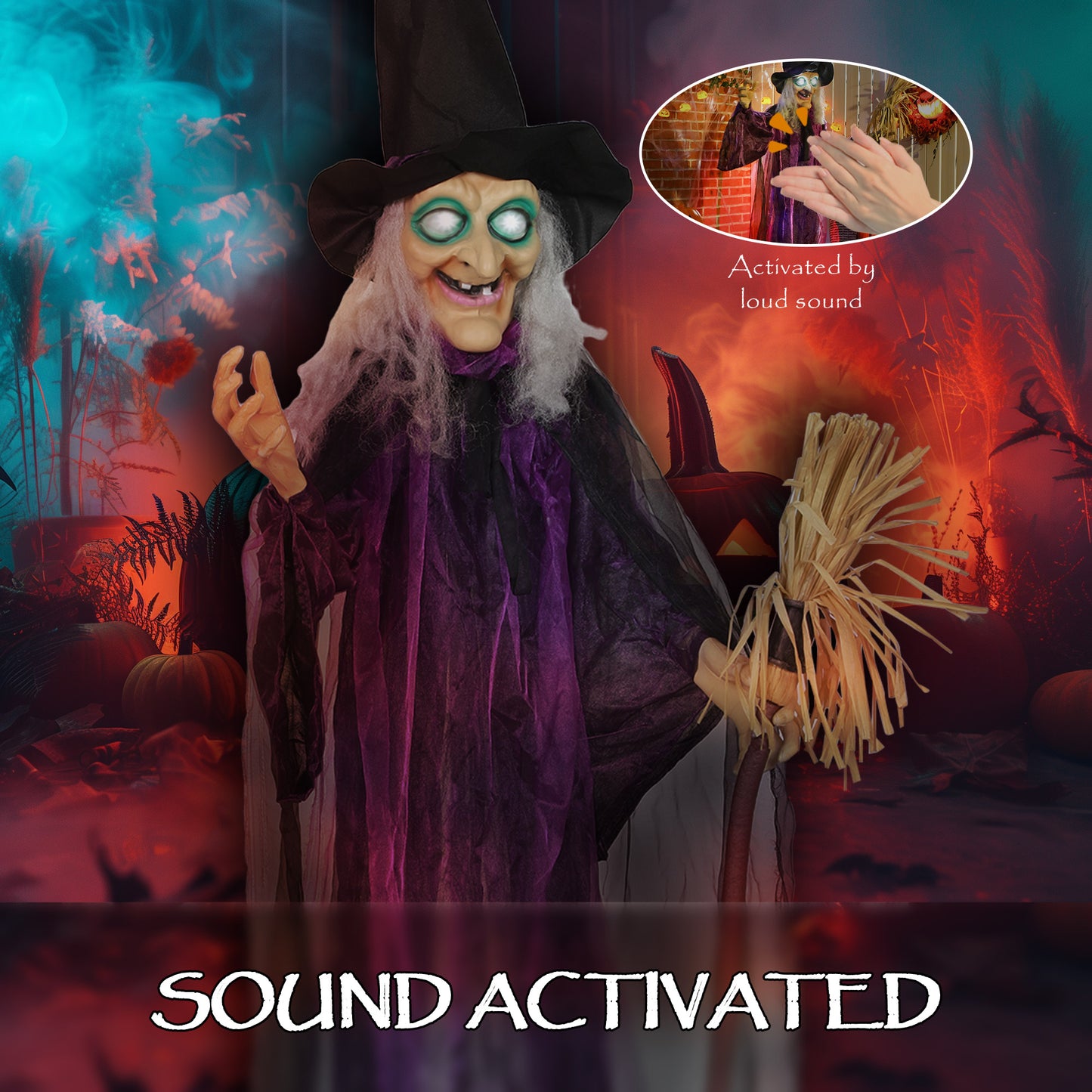 Outsunny 183cm Life Size Halloween Animated Witch & Broomstick with Glowing LED Eyes, Battery Operated Indoor Party Props, Spooky Halloween Decor