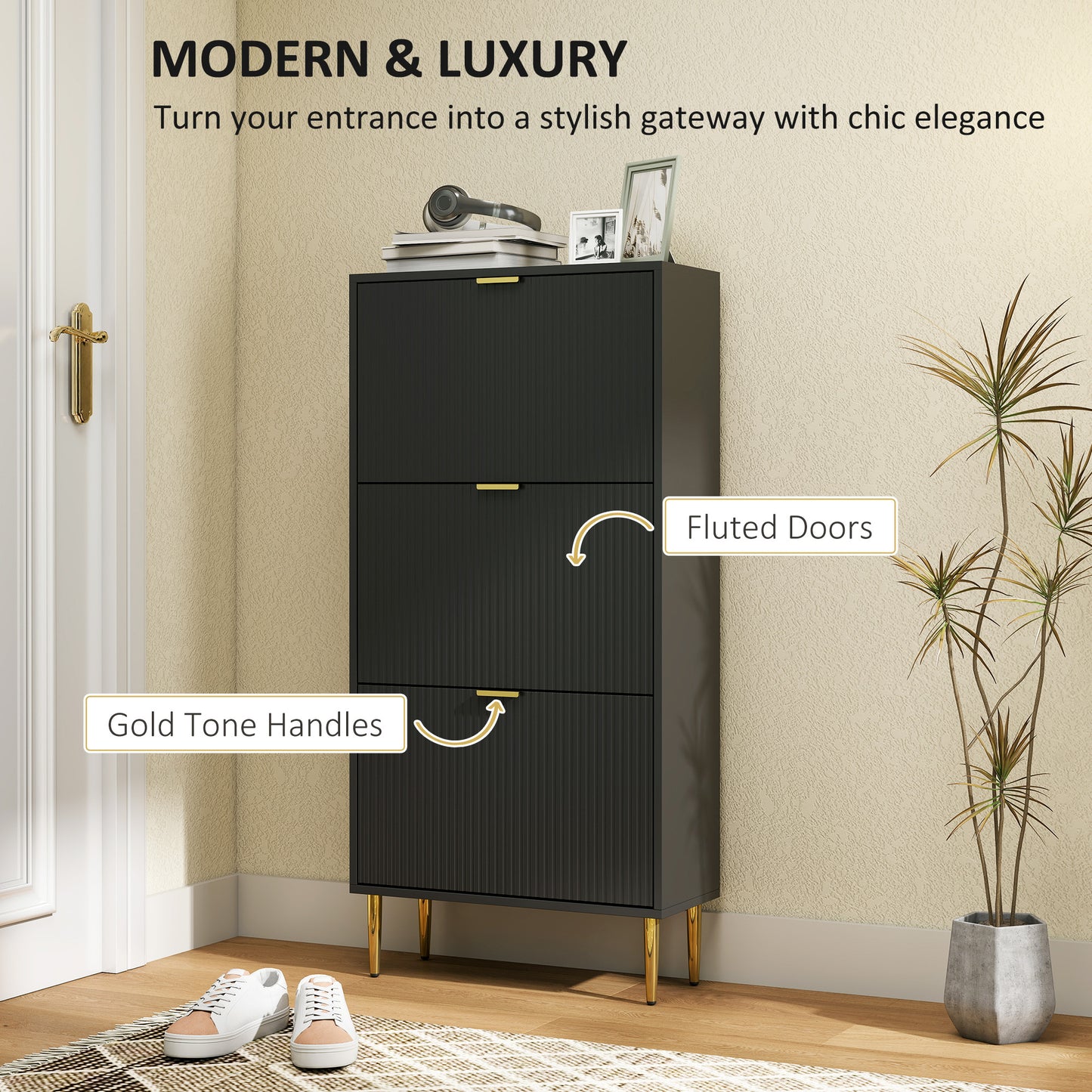 HOMCOM Narrow Shoe Cabinet with 3 Flip Drawers - Black