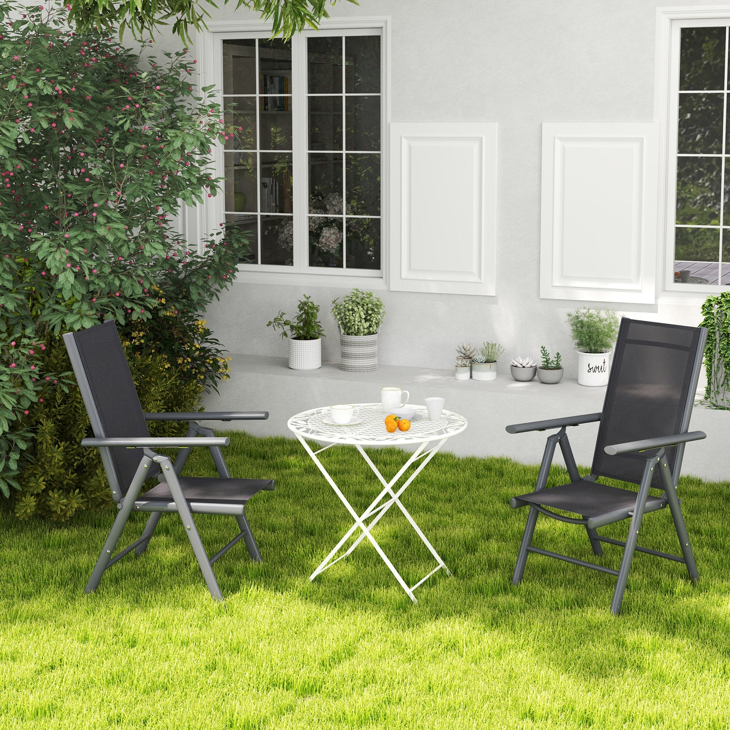 Outsunny 2 Folding Chairs, Aluminium Frame, Breathable Mesh for Garden/Patio, Dark Grey