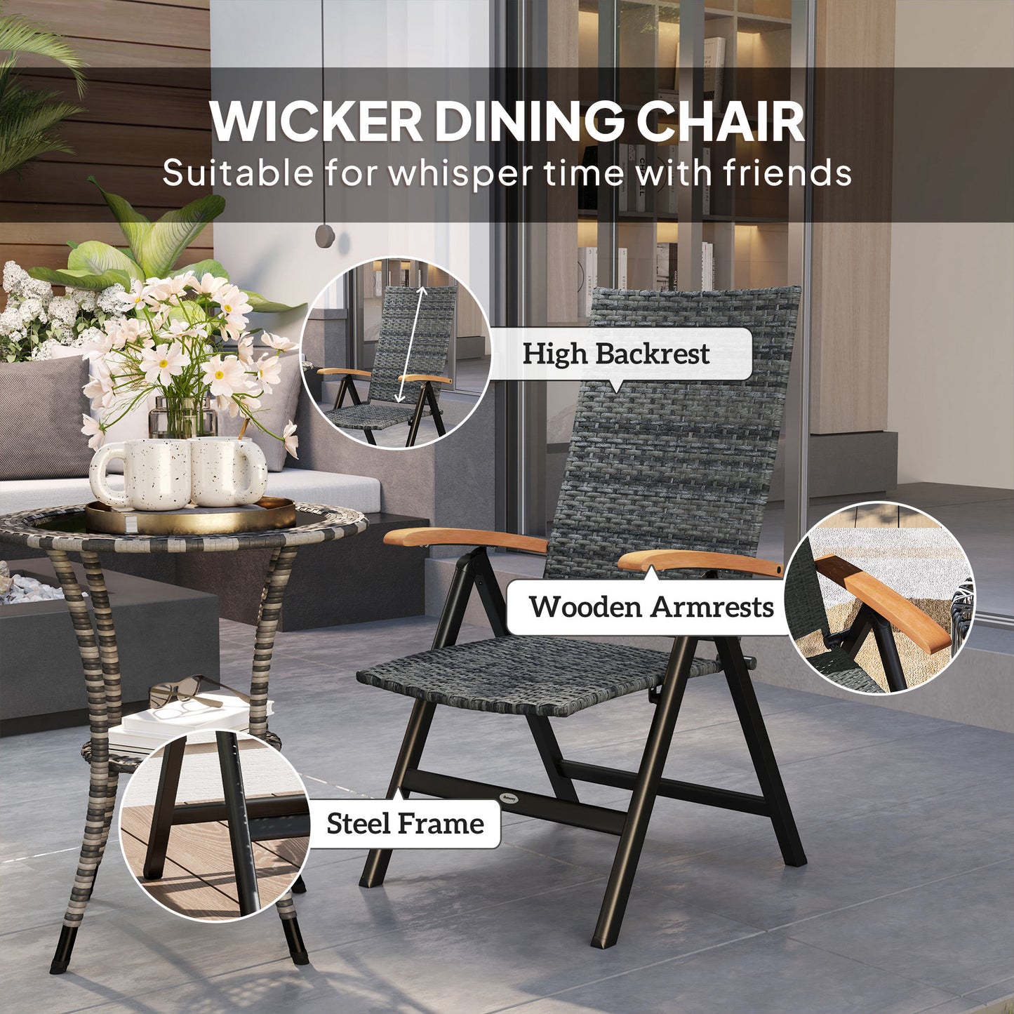 Outsunny Outdoor Foldable Dining Chair with Armrests, High Backrest, for Garden, Camping, Balcony, Porch, Mixed-grey