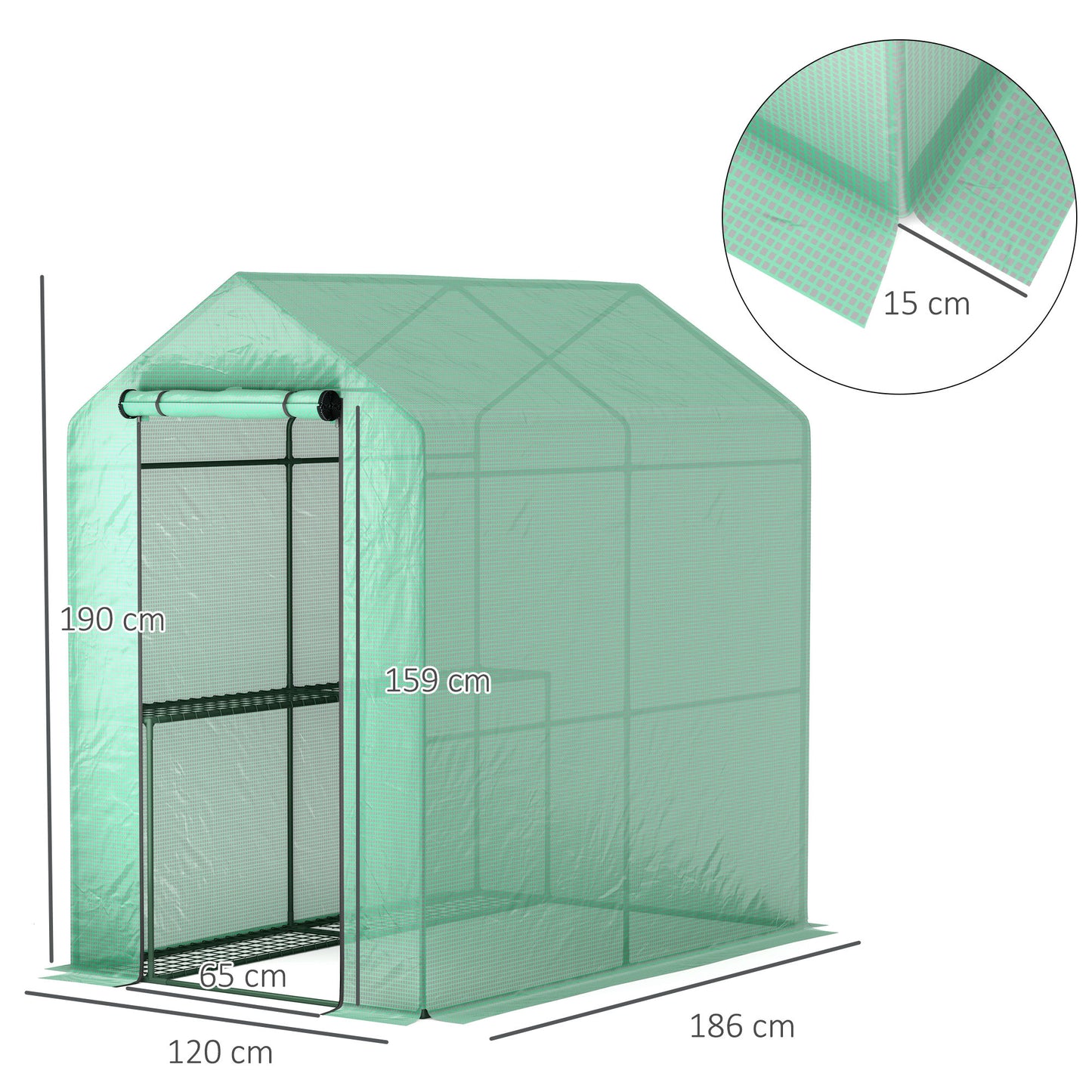 Outsunny Walk-in Greenhouse, 2 Tier 4 Shelves, Reinforced PE Cover, Roll-up Door, 120x186x190 cm, Green