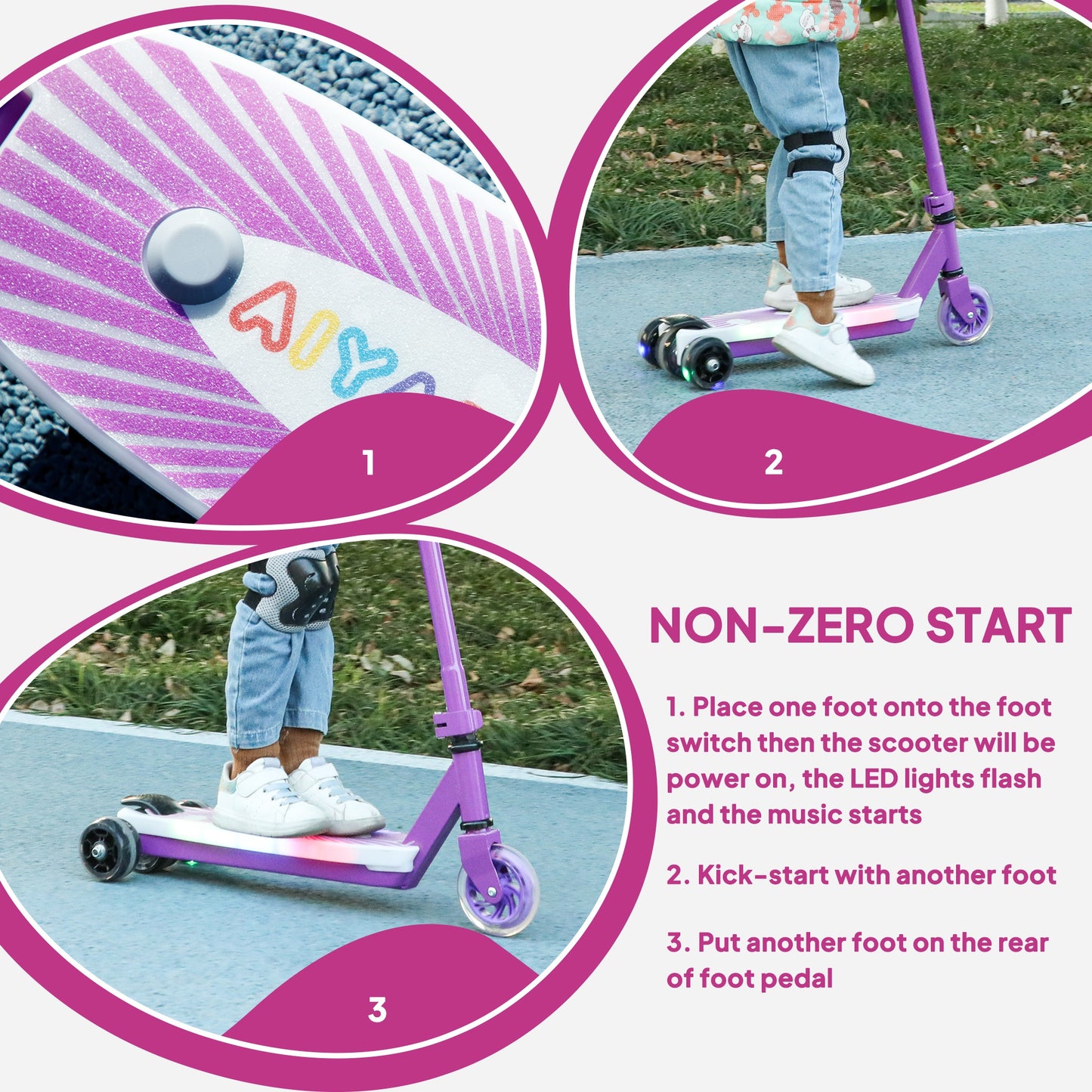 AIYAPLAY Electric Scooter for Kids Ages 4-7, Aux Rear Wheels, LED Light, Electric Brake, 6 KM/H, 8 KM, for Boys & Girls, Purple