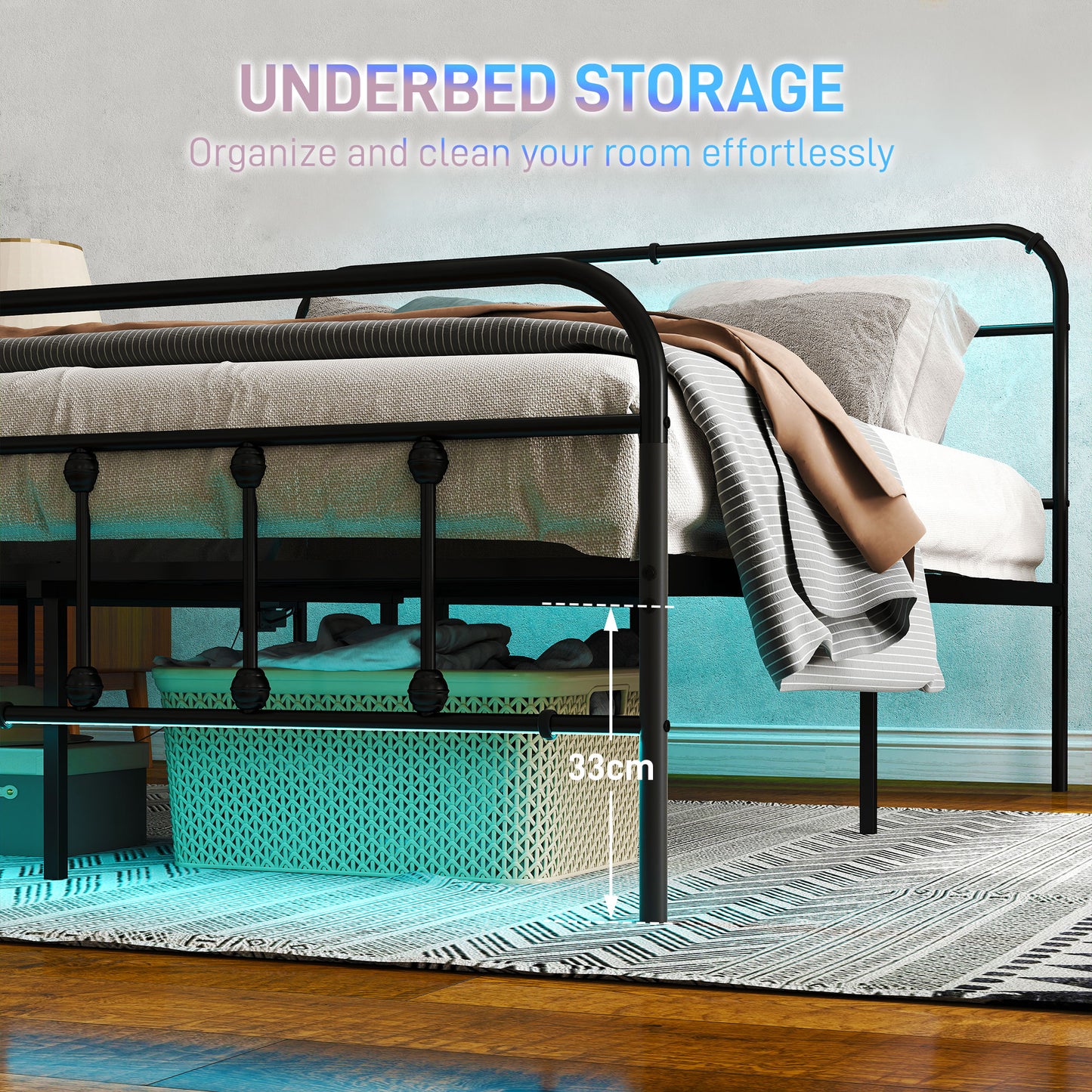 HOMCOM Double Bed Frame with LED Lights and Charging Station, Metal Platform Bed Frame with Under Bed Storage, Black