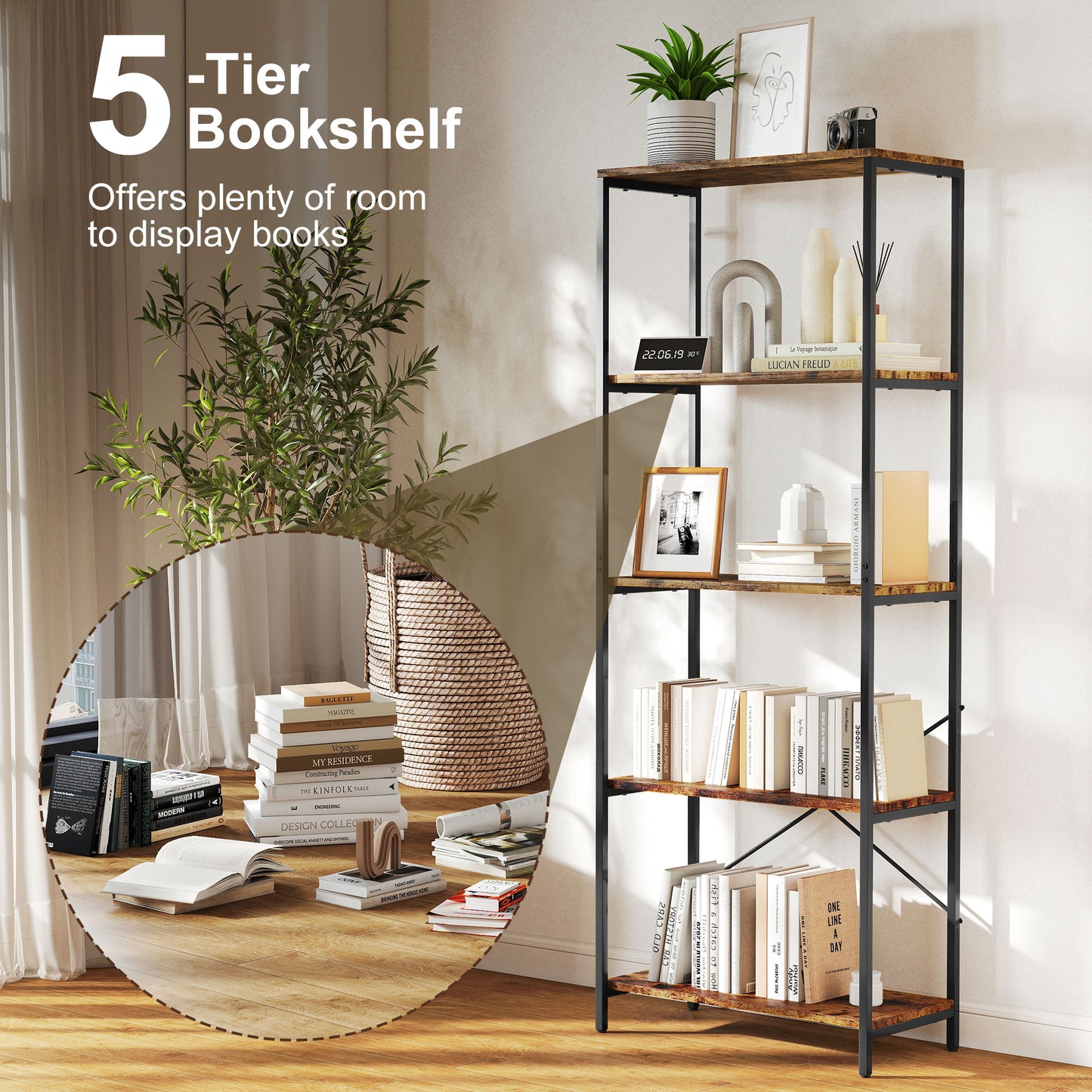 HOMCOM 5-Tier Bookshelf, Industrial Bookcase with Metal Frame - Rustic Brown and Black