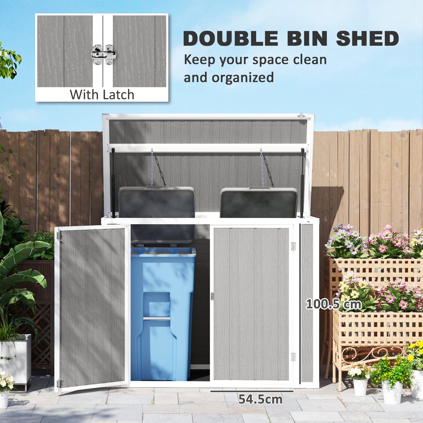 Outsunny 4.7x2.5 FT Garden Shed, Double Bin Storage with Lockable Doors & Openable Lid, Grey