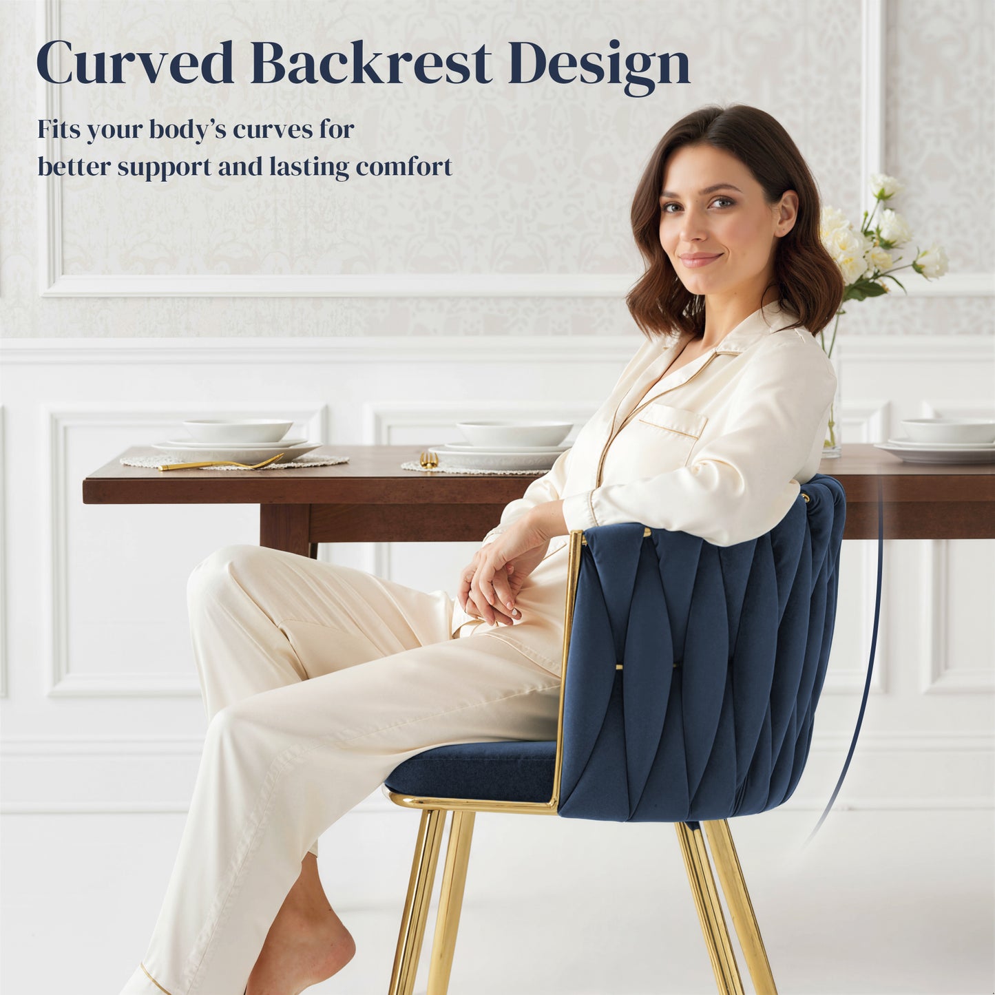 HOMCOM Velvet Dining Chairs Set of 2, Metal Legs Dark Blue