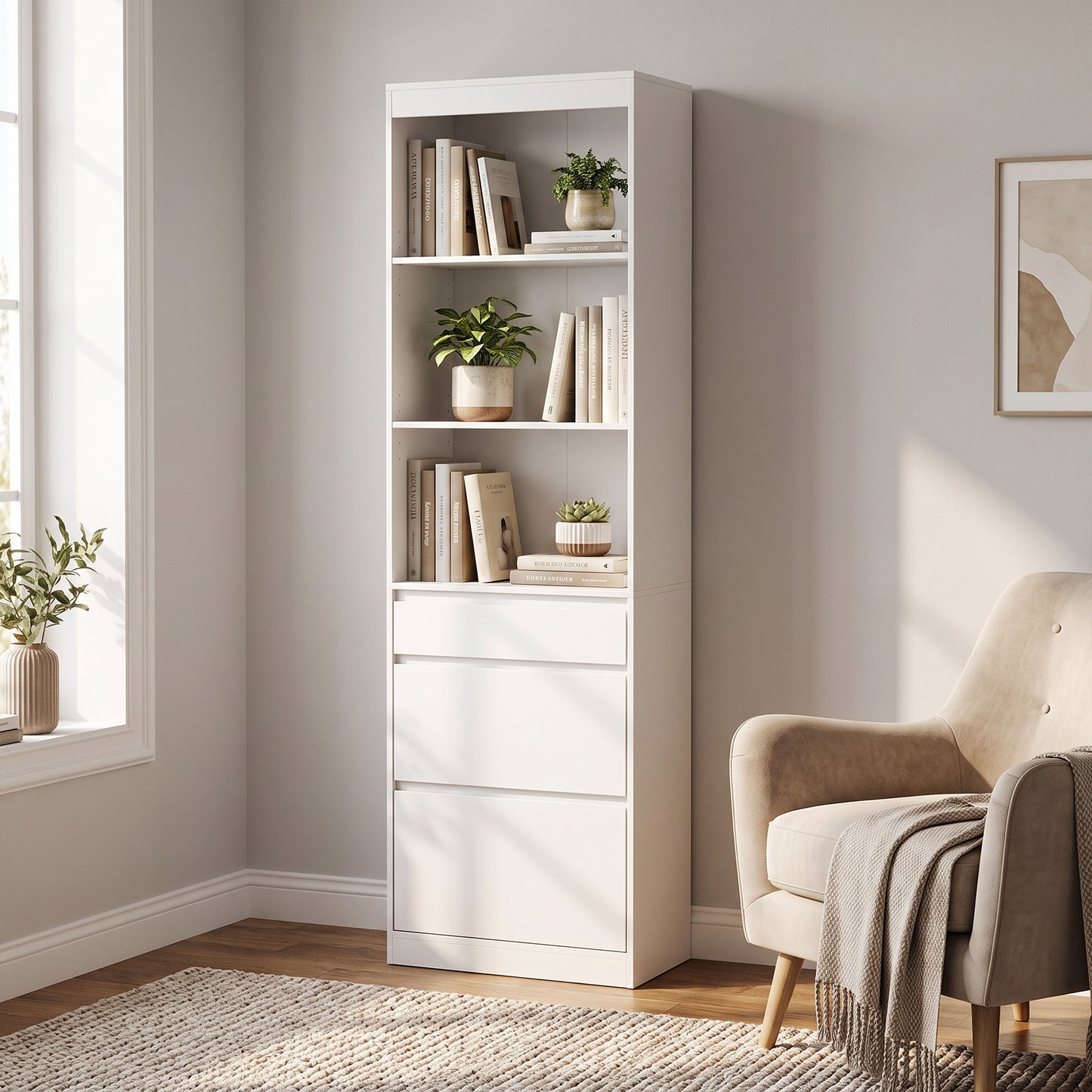 HOMCOM Bookcase with Drawers Adjustable Shelves Book Shelf for Study Living Room White