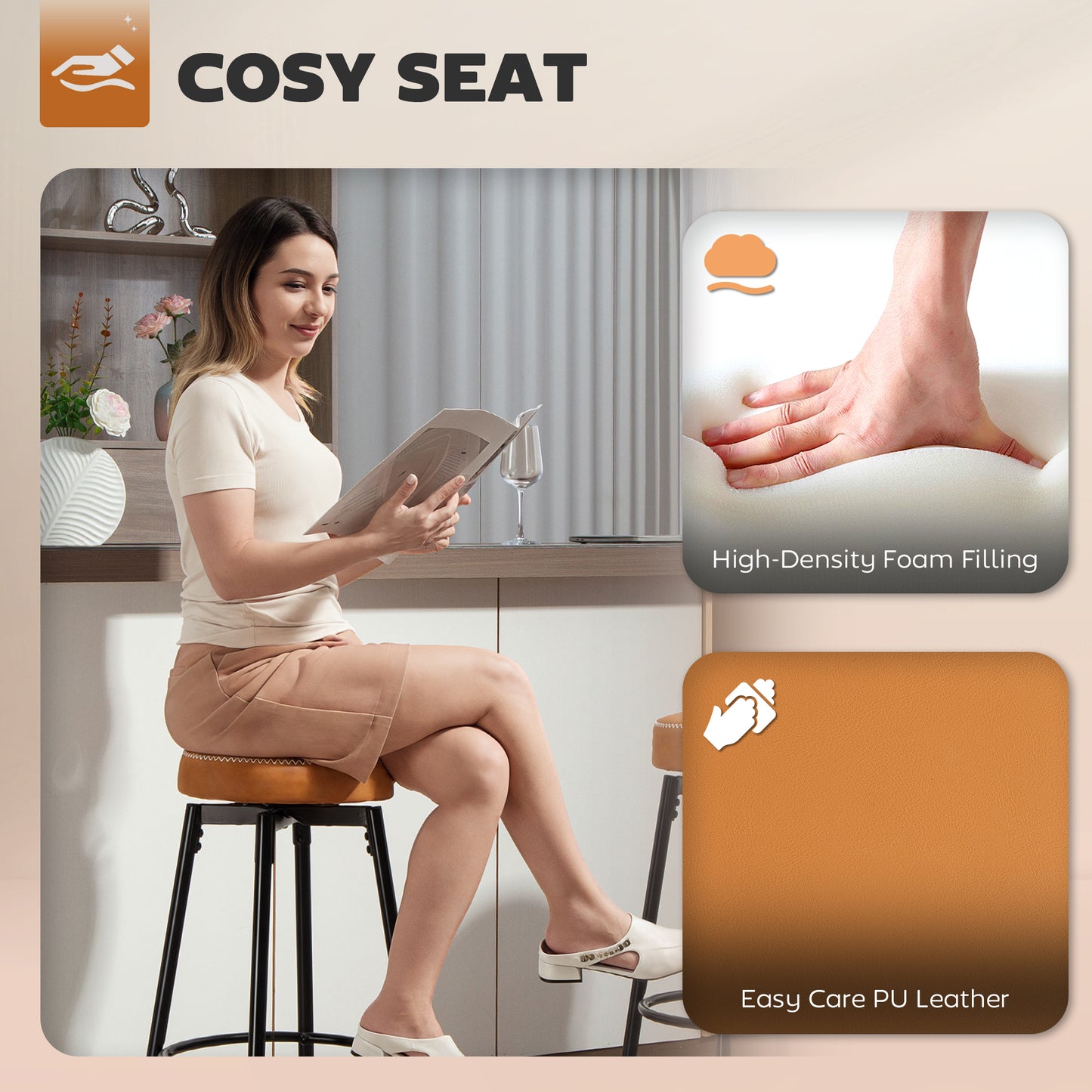 HOMCOM Set of Two Faux Leather Bar Stools - Brown/Black