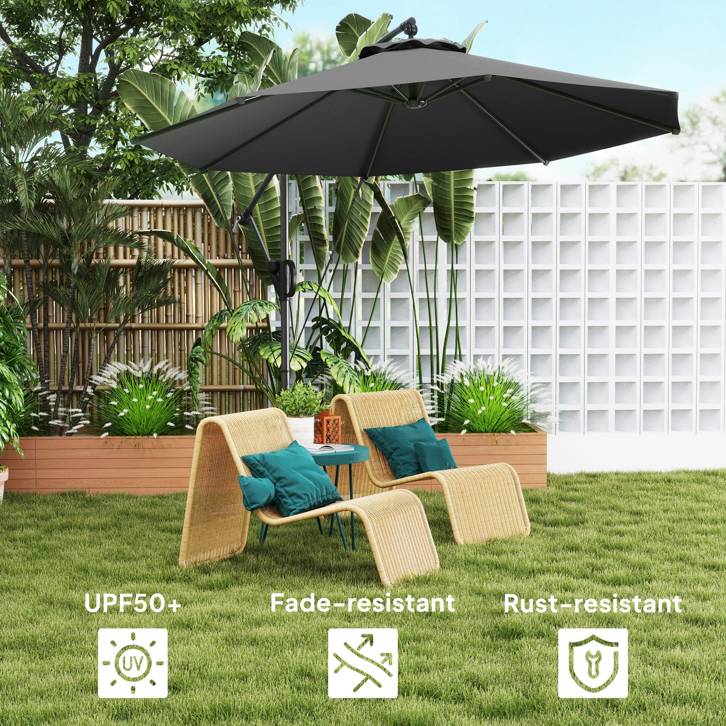 Outsunny Garden Cantilever Parasol with Cover, Wind Protection Strap, Crank Handle, Tilt, UPF50+, Outdoor Sun Shade, 3m, Grey
