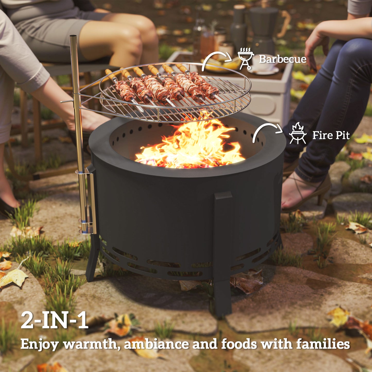 Outsunny Portable Fire Pit, 58 cm Round with Grill Grate, Ash Catcher, and Poker, Ideal for Garden Camping Bonfire Picnic, Black