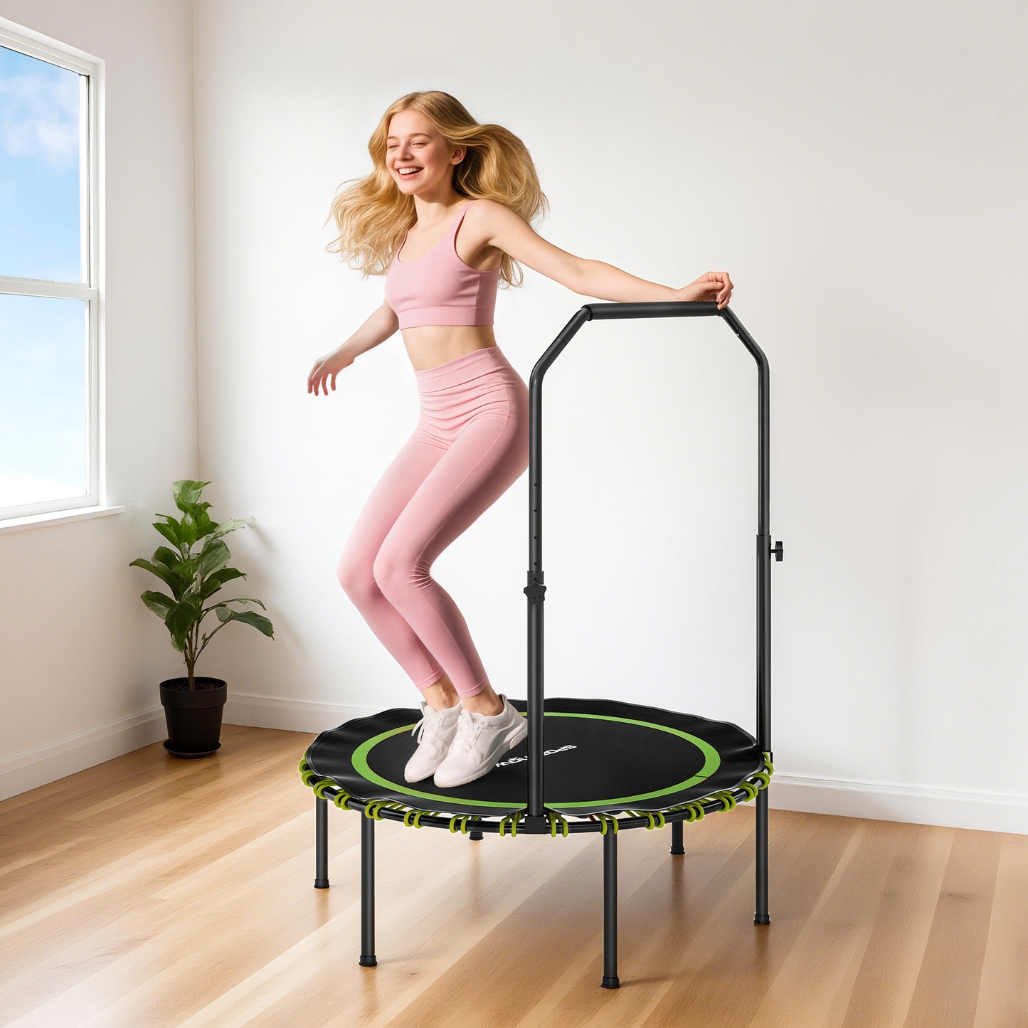 SPORTNOW 40'' Foldable Fitness Trampoline, Mini Rebounder with 5-Level Adjustable Handle for Adults Indoor/Outdoor Exercise, Green