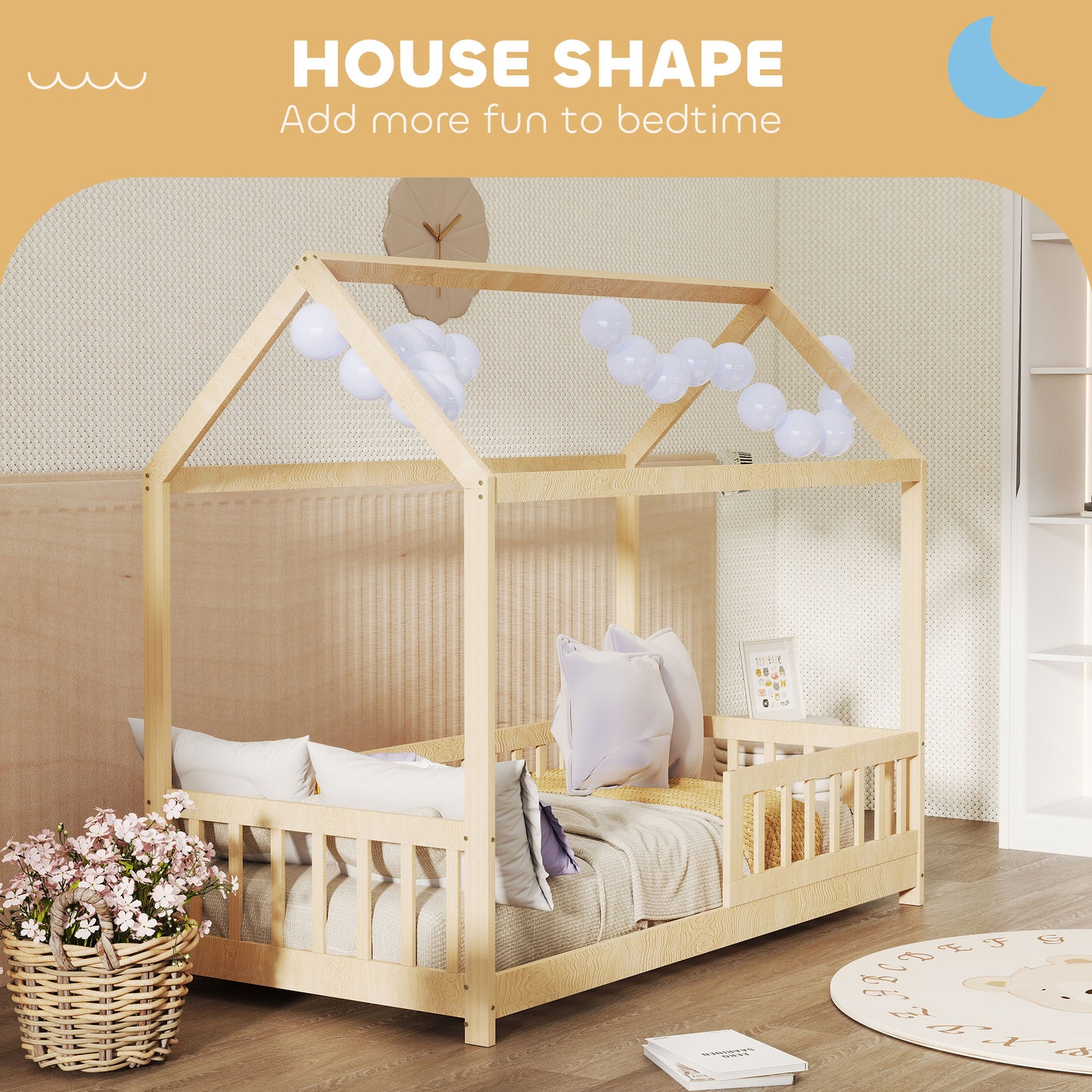 HOMCOM House-Shaped Kids Bed Frame with Guard Rails, Solid Pine Wood Single Bed Frame for Kids Boys and Girls, Natural